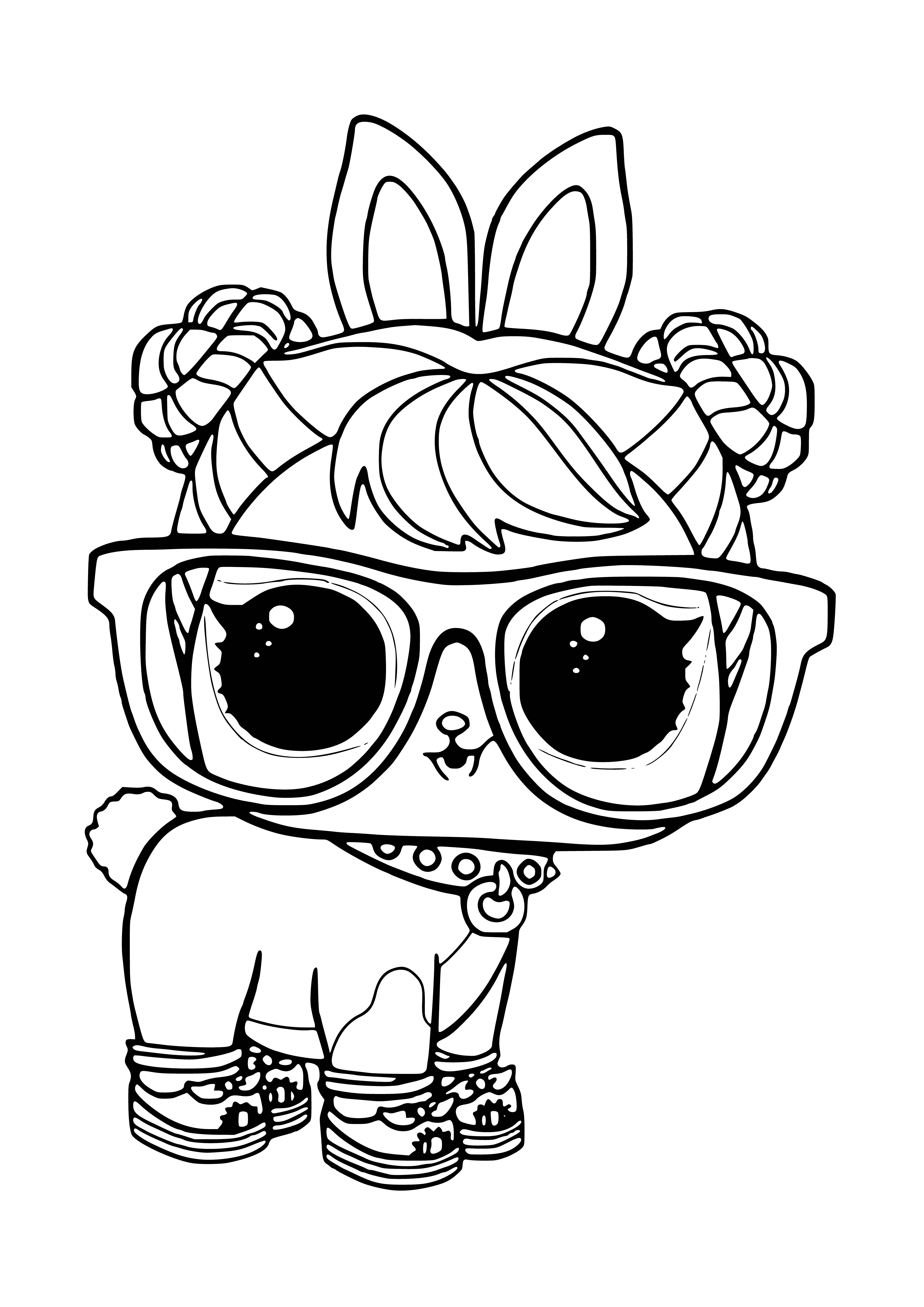 coloring page: Adorable brown and white bunny wearing a blue collar with a white bone charm. Sitting up on its hind legs with front paws together and head tilted.