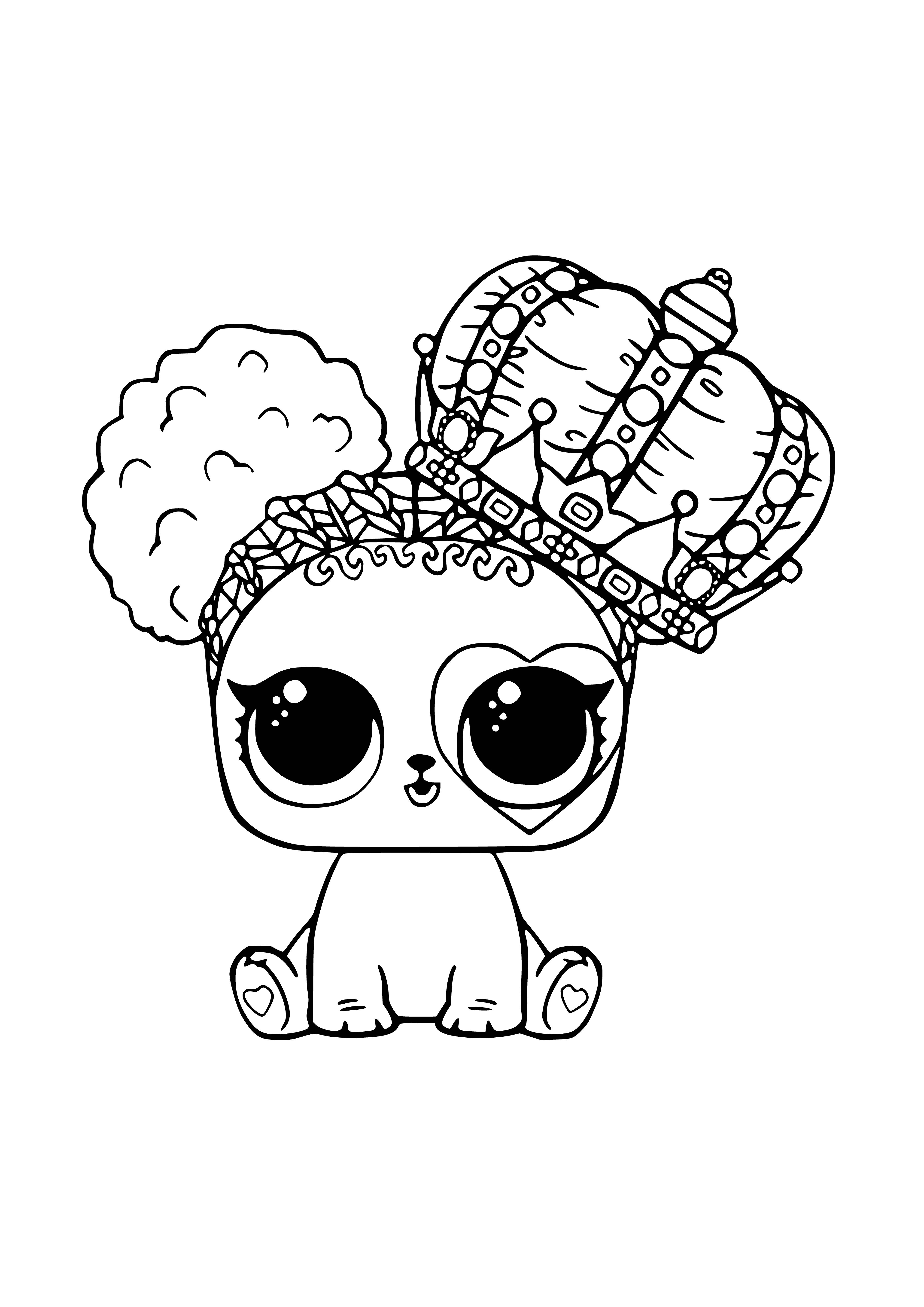 coloring page: A small puppy is looking at the camera, its head tilted to one side and its big brown eyes full of love. It has a pink heart drawn on its left cheek.