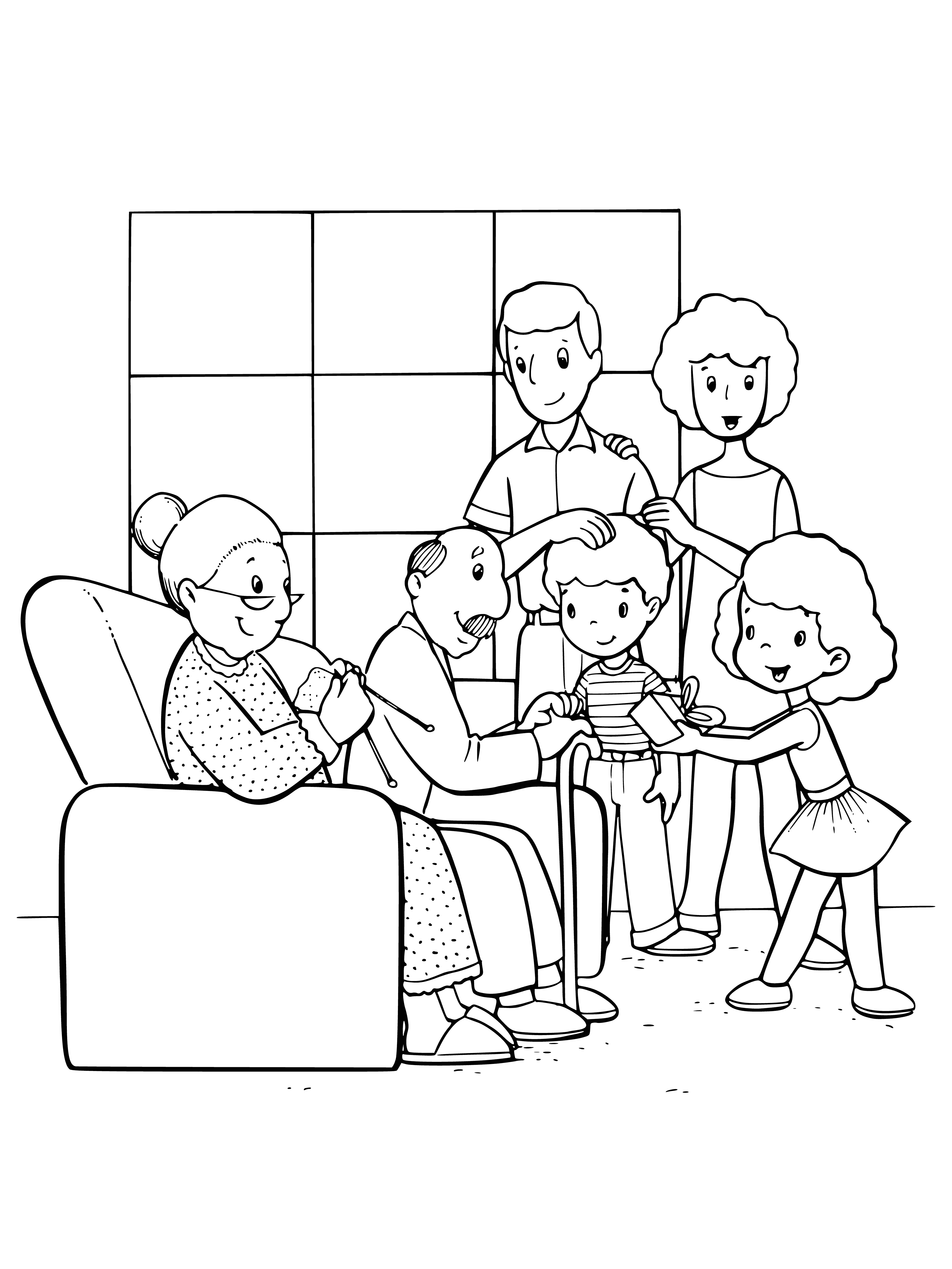 coloring page: Big family smiles, laughing and enjoying a picnic lunch together. Delicious spread on the table. Joyful reunion.