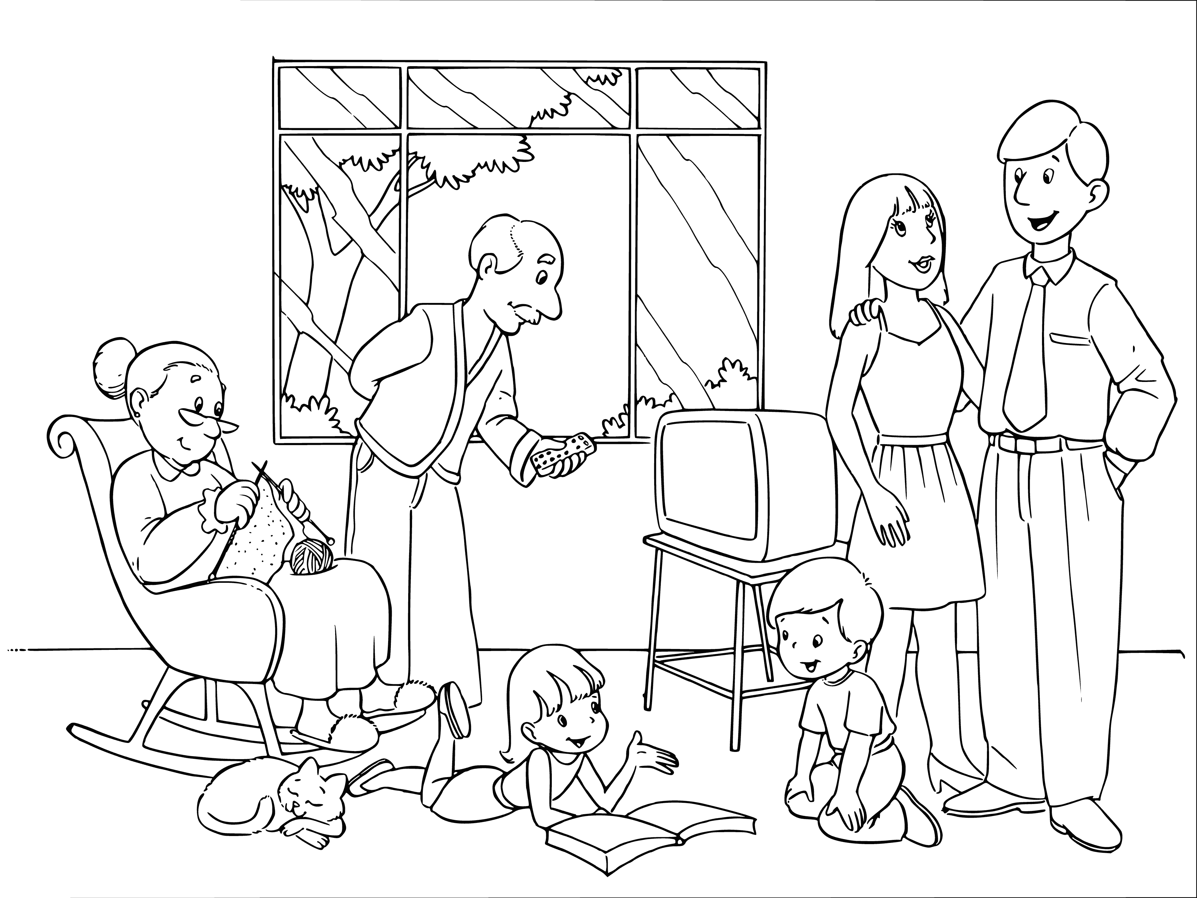 coloring page: Smiling family poses for a coloring page w/ parents standing behind their children, & trees in green background.