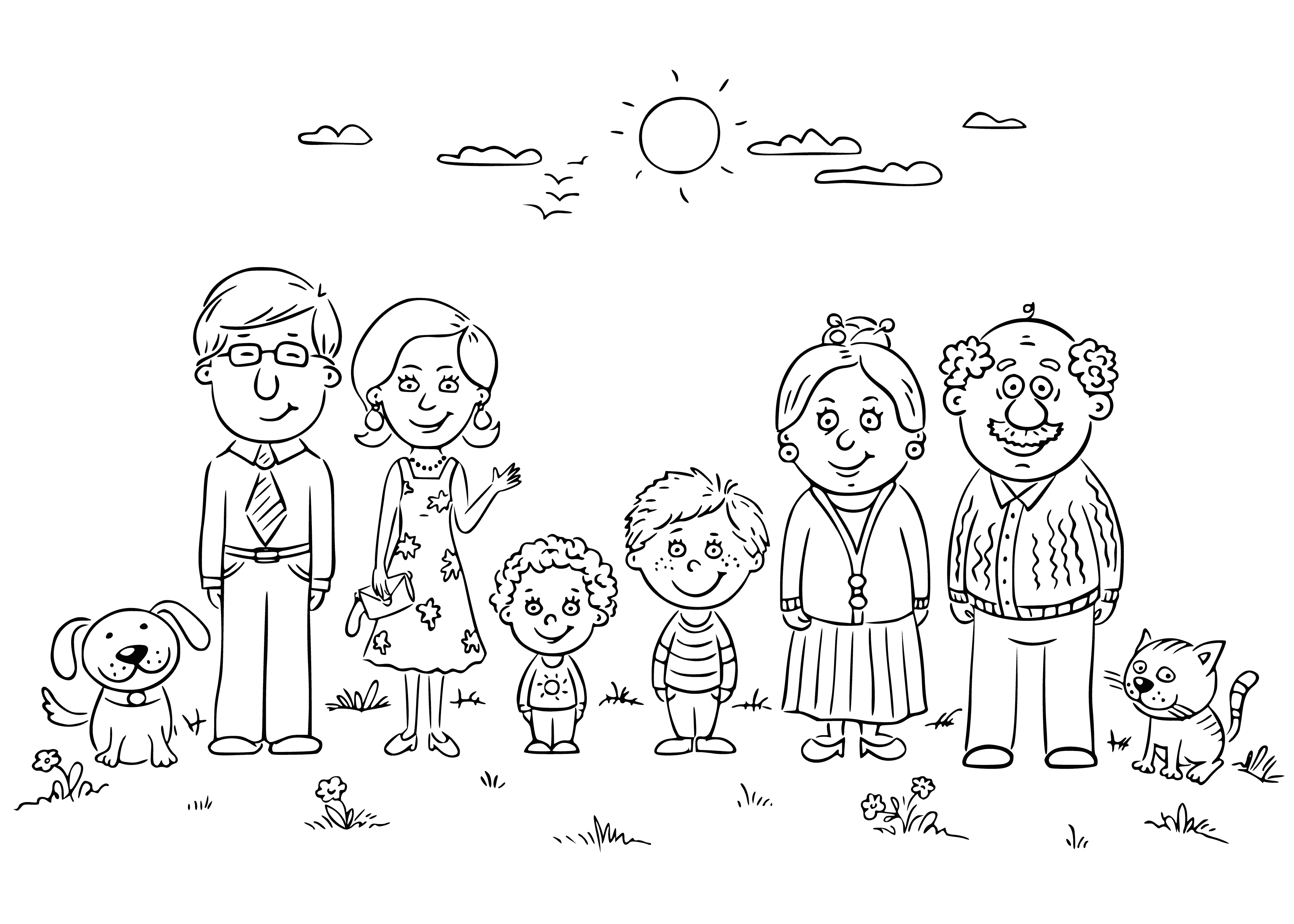 coloring page: Family of 6 sits happily on a blanket in the park: parents together & children in front, smiling & content.