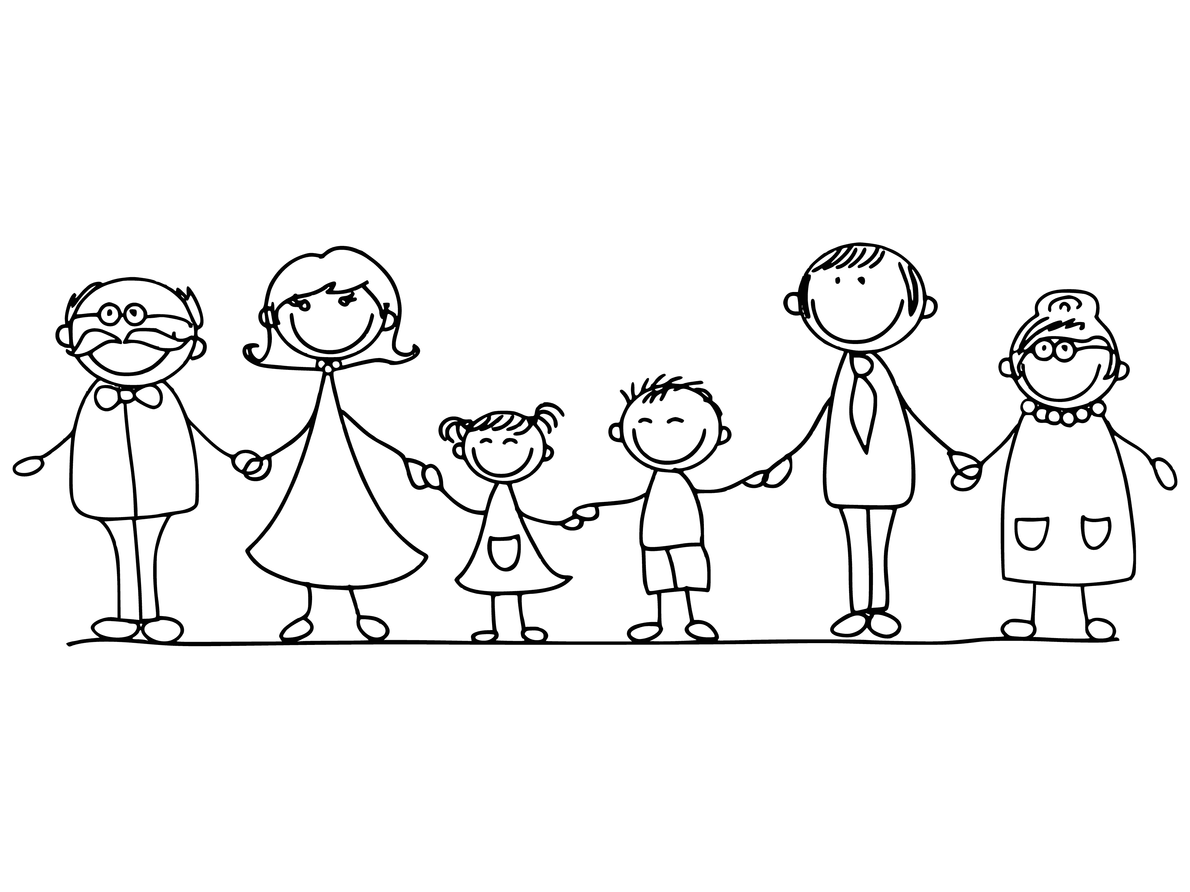 coloring page: Family of four with dad holding baby, mom holding toddler's hand. All are smiling at the camera. #familytime