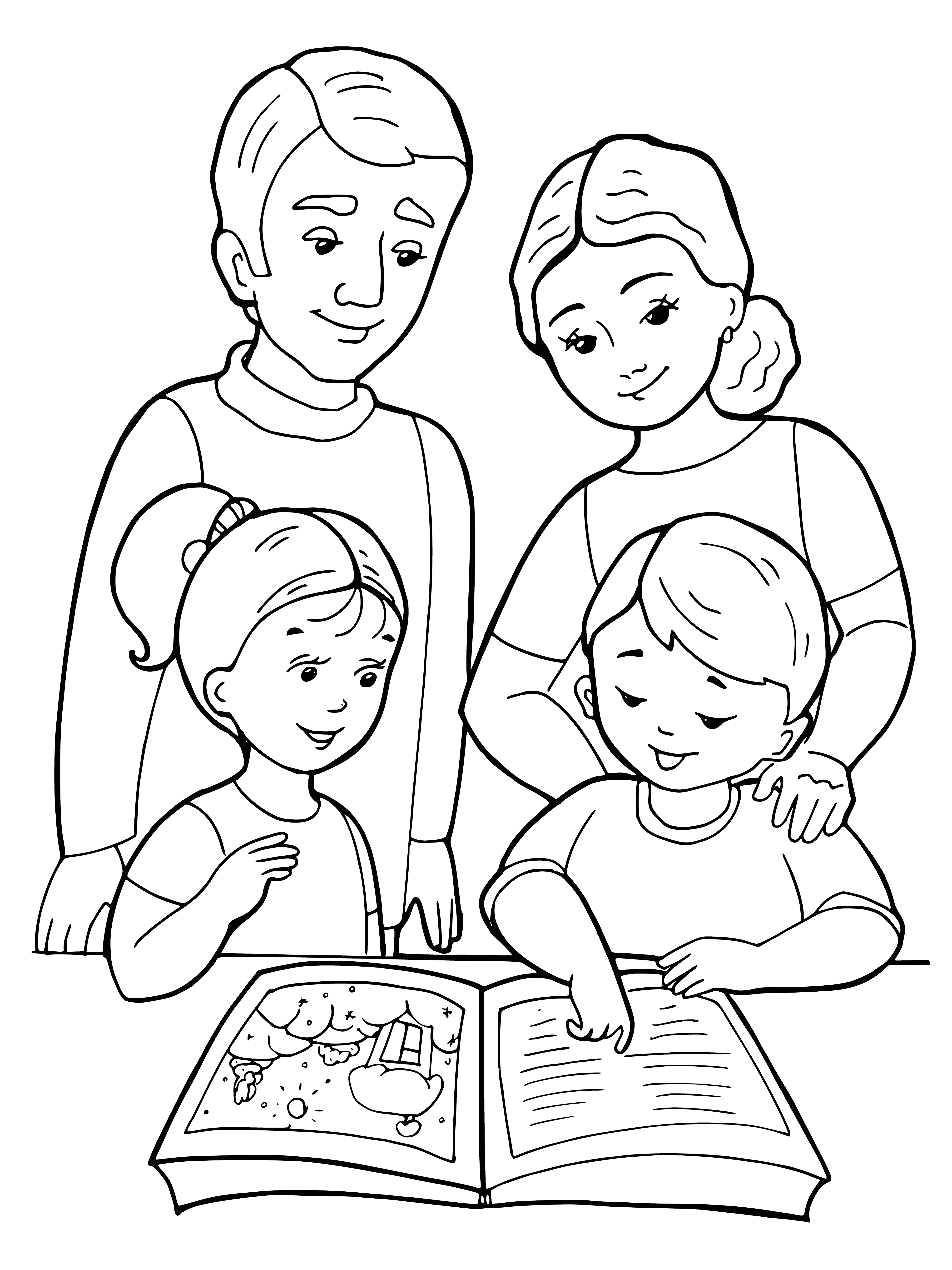 coloring page: Family enjoys sunny day outside: parents in chairs, kids play on blanket with doll & truck, dog by boy.