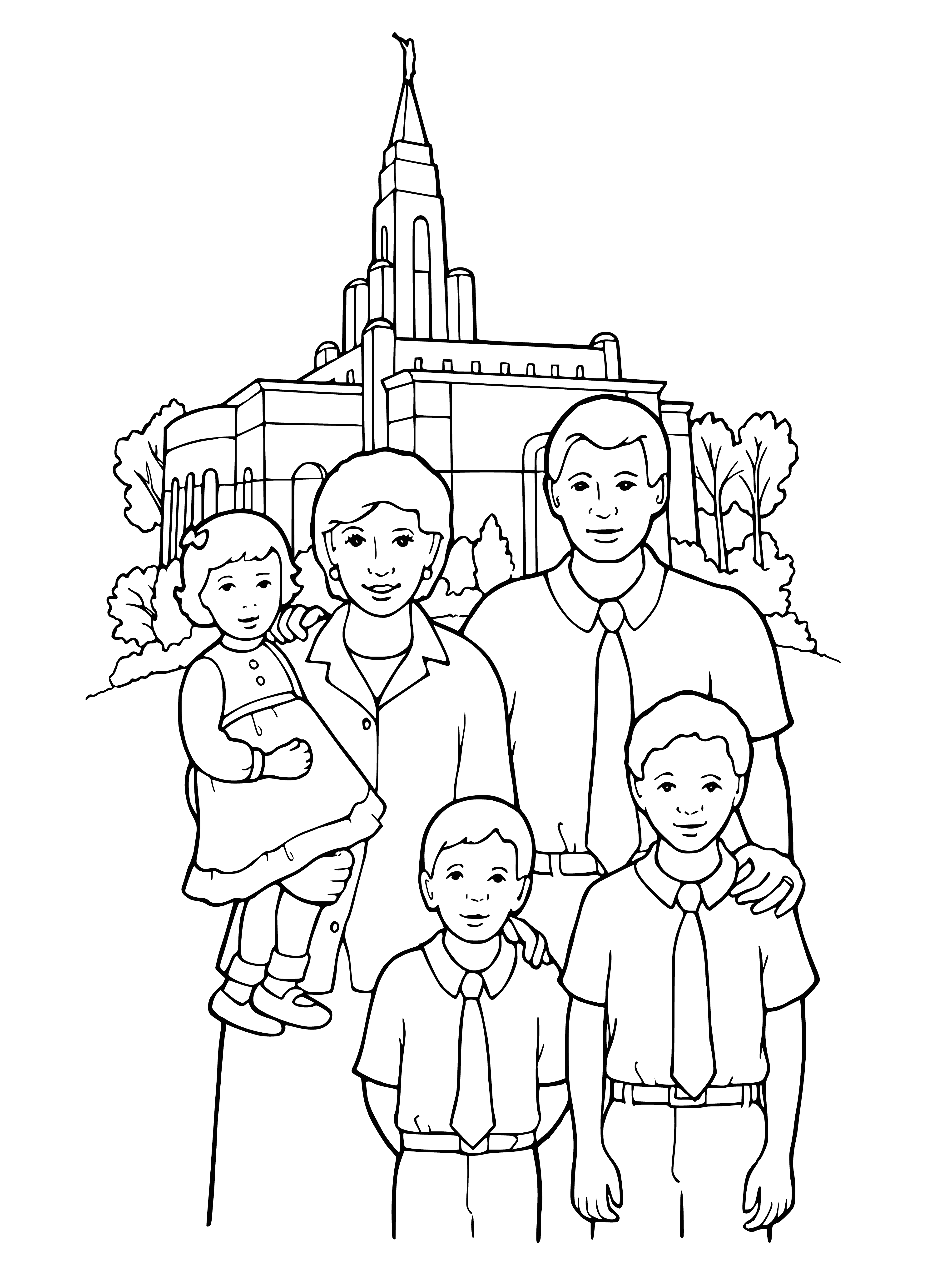 coloring page: Family of five surrounded by a park w/ trees & playground, parents smiling & kids laughing.