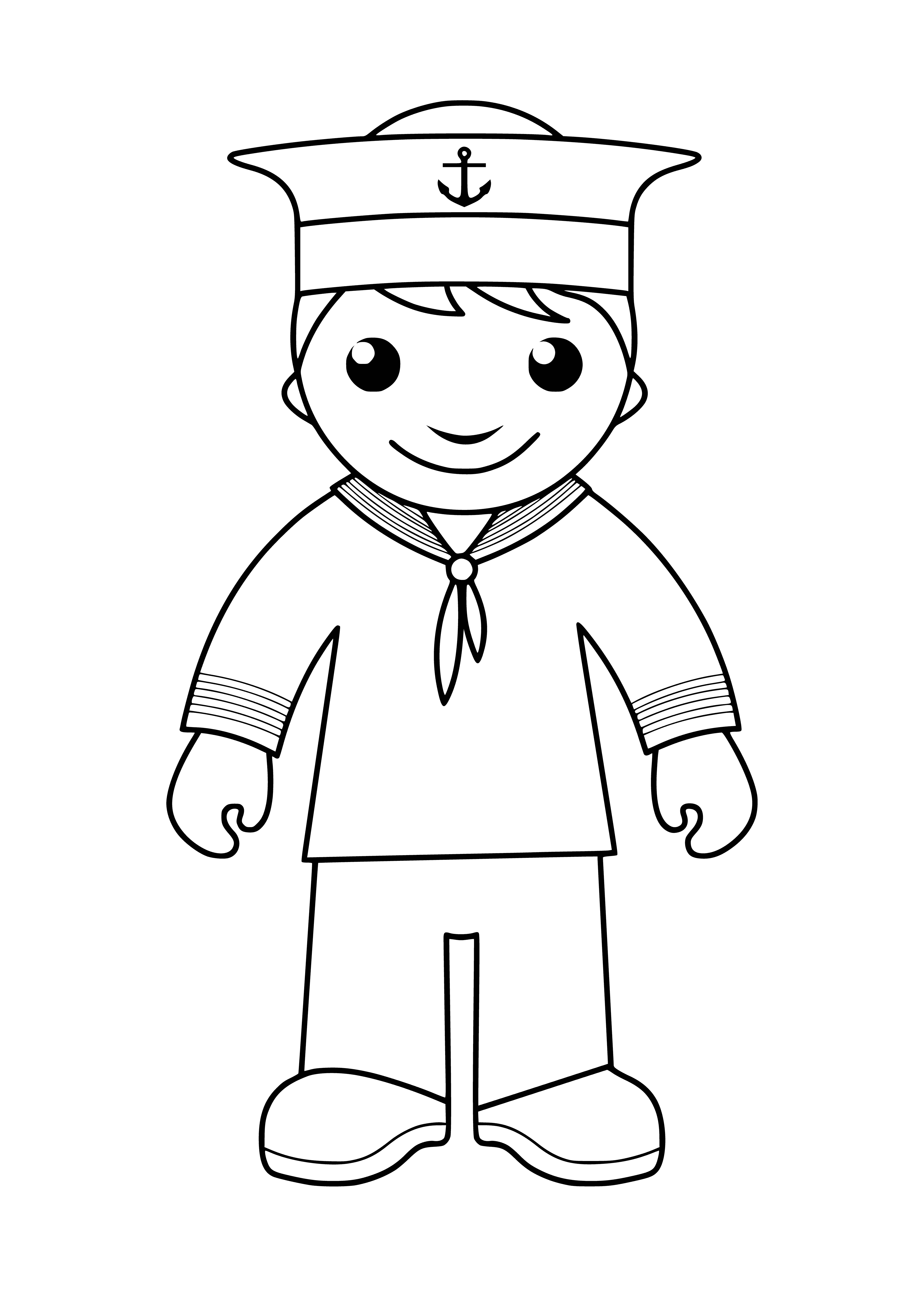 coloring page: A sailor stands on the deck of a ship, looking straight ahead, wearing a navy blue uniform, a white sailor hat & holding a rope.