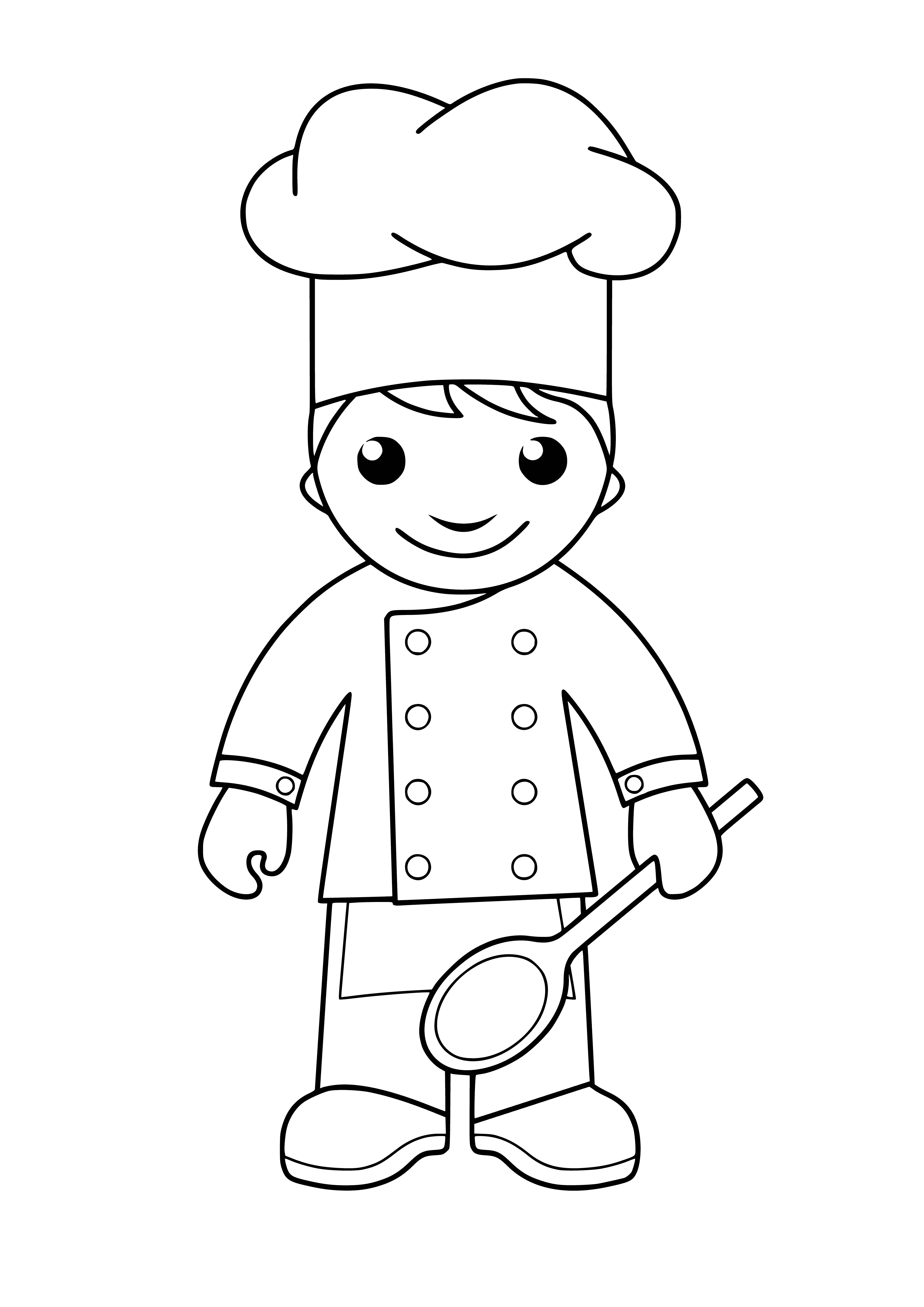 coloring page: Cook in kitchen wears hat & apron, holds spoon, has mustache & beard & stands before stove with pot.