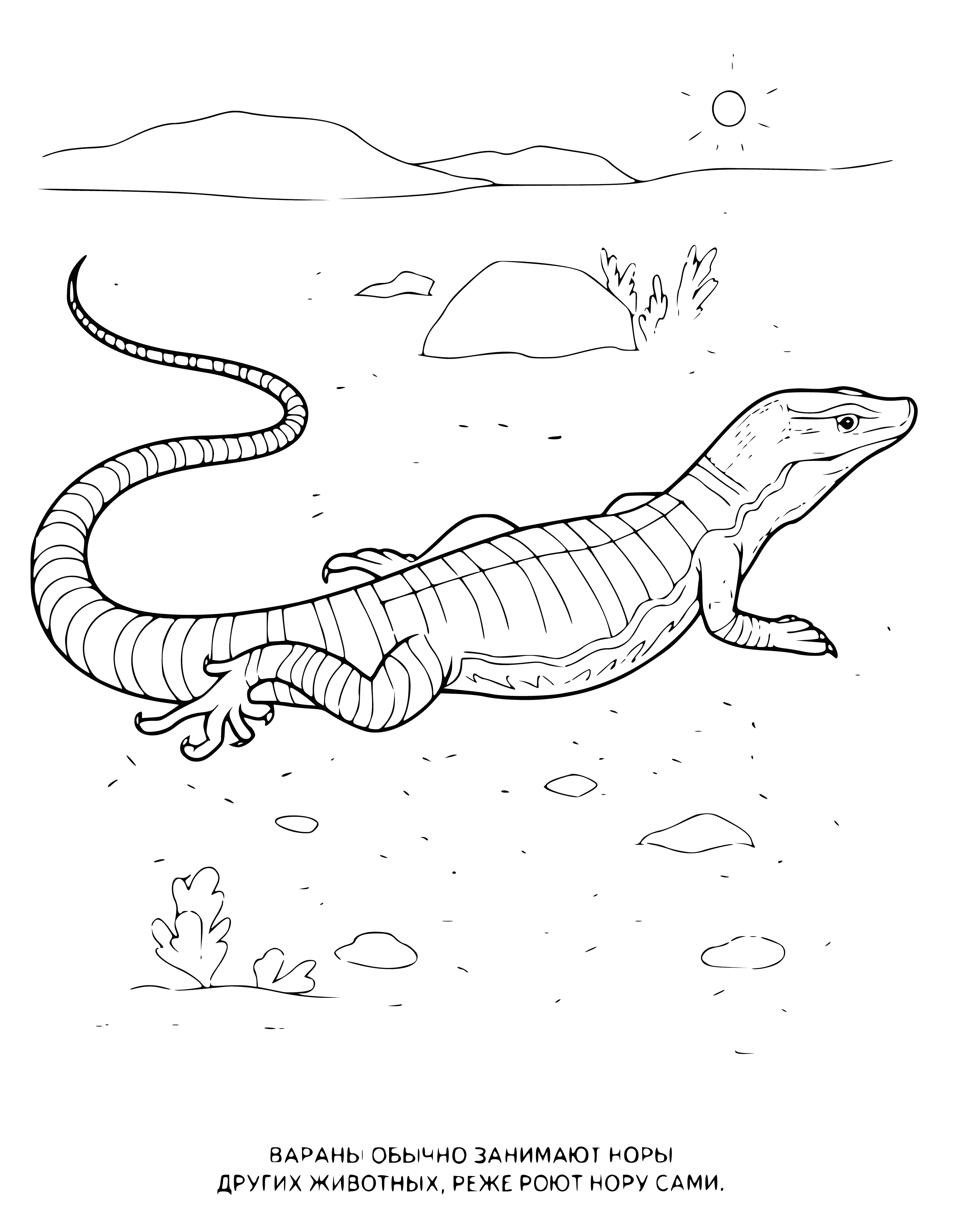 coloring page: Big, scaly reptile with yellow eyes, long snout and sharp claws. Has a green body with dark stripes. #ColoringPage