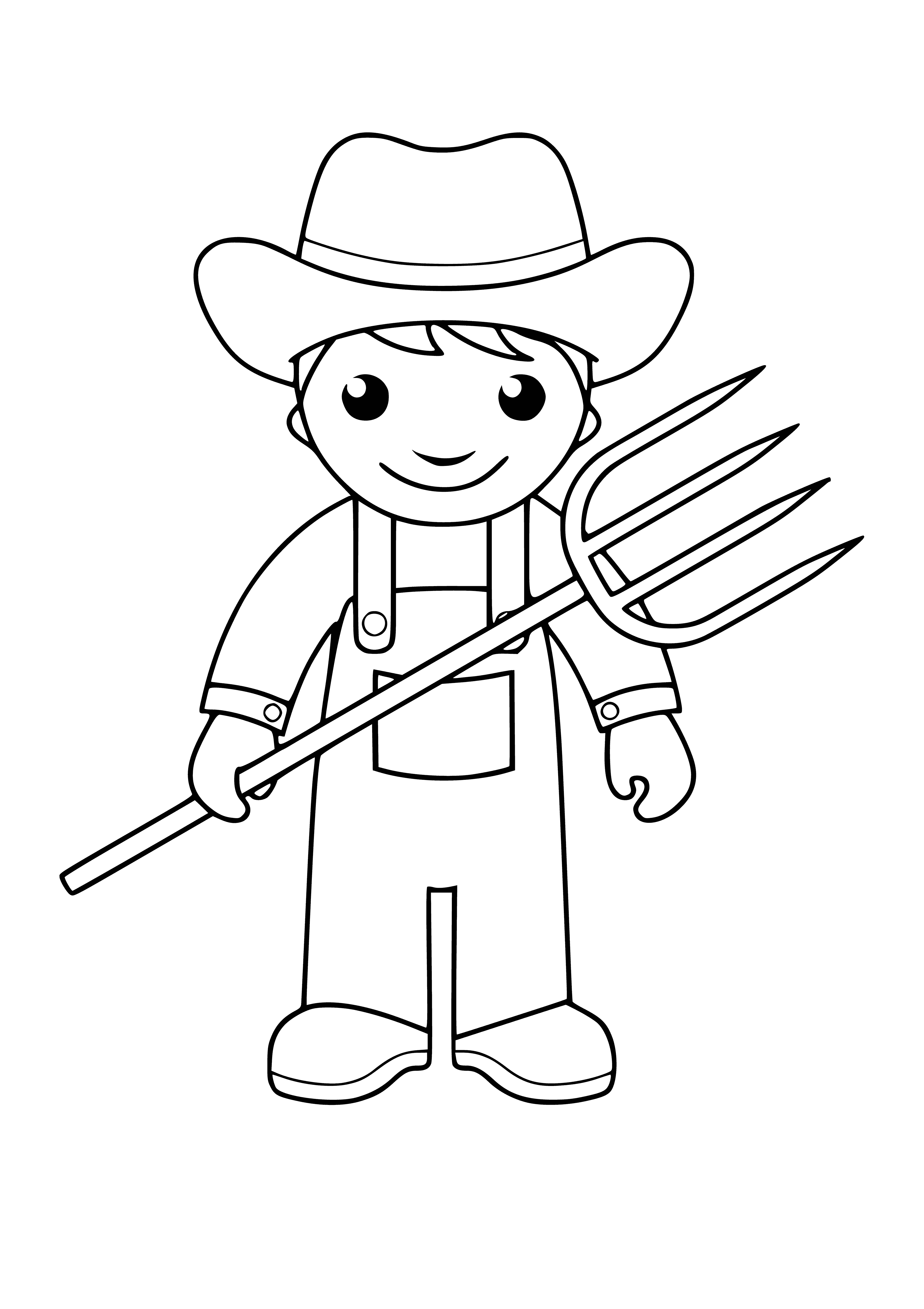 coloring page: Farmer in field wearing hat and plaid shirt holding pitchfork with trees in background.