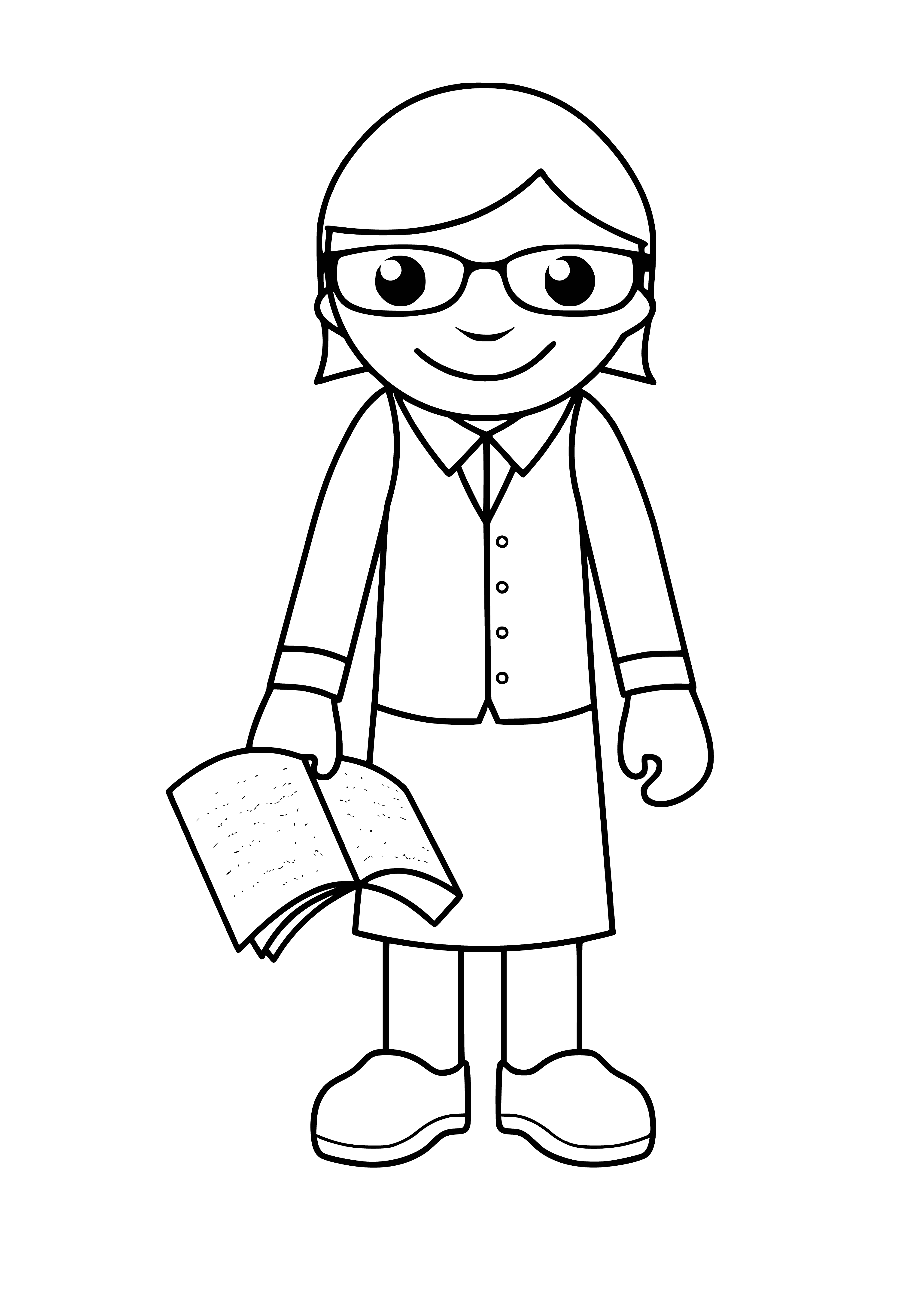 coloring page: Woman stands before a crowd, smiling, book in her hands. She points to something on the page; people listen intently & take notes.