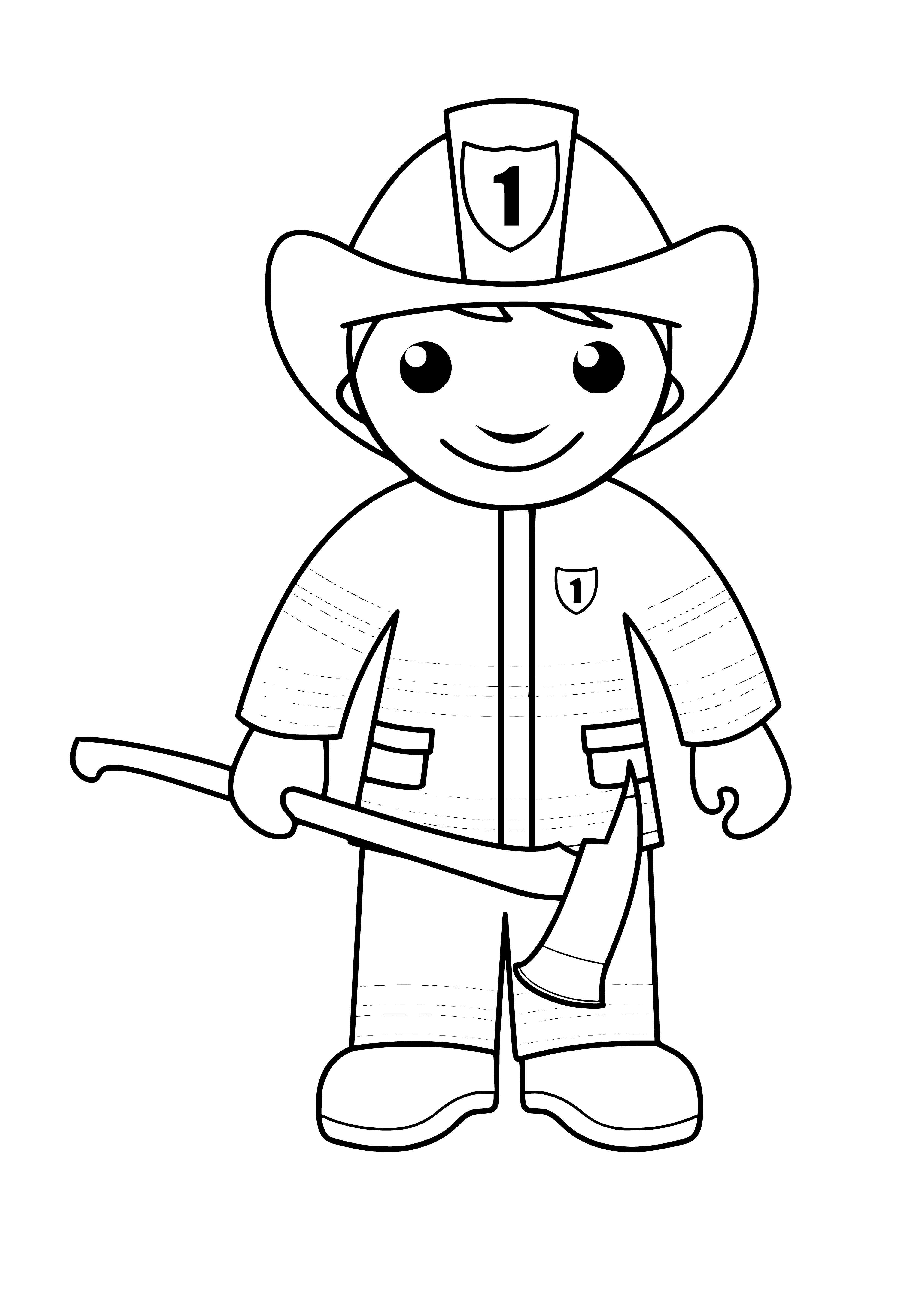 coloring page: Fireman in red suit & helmet stands in front of red fire truck w/ an axe in hand.