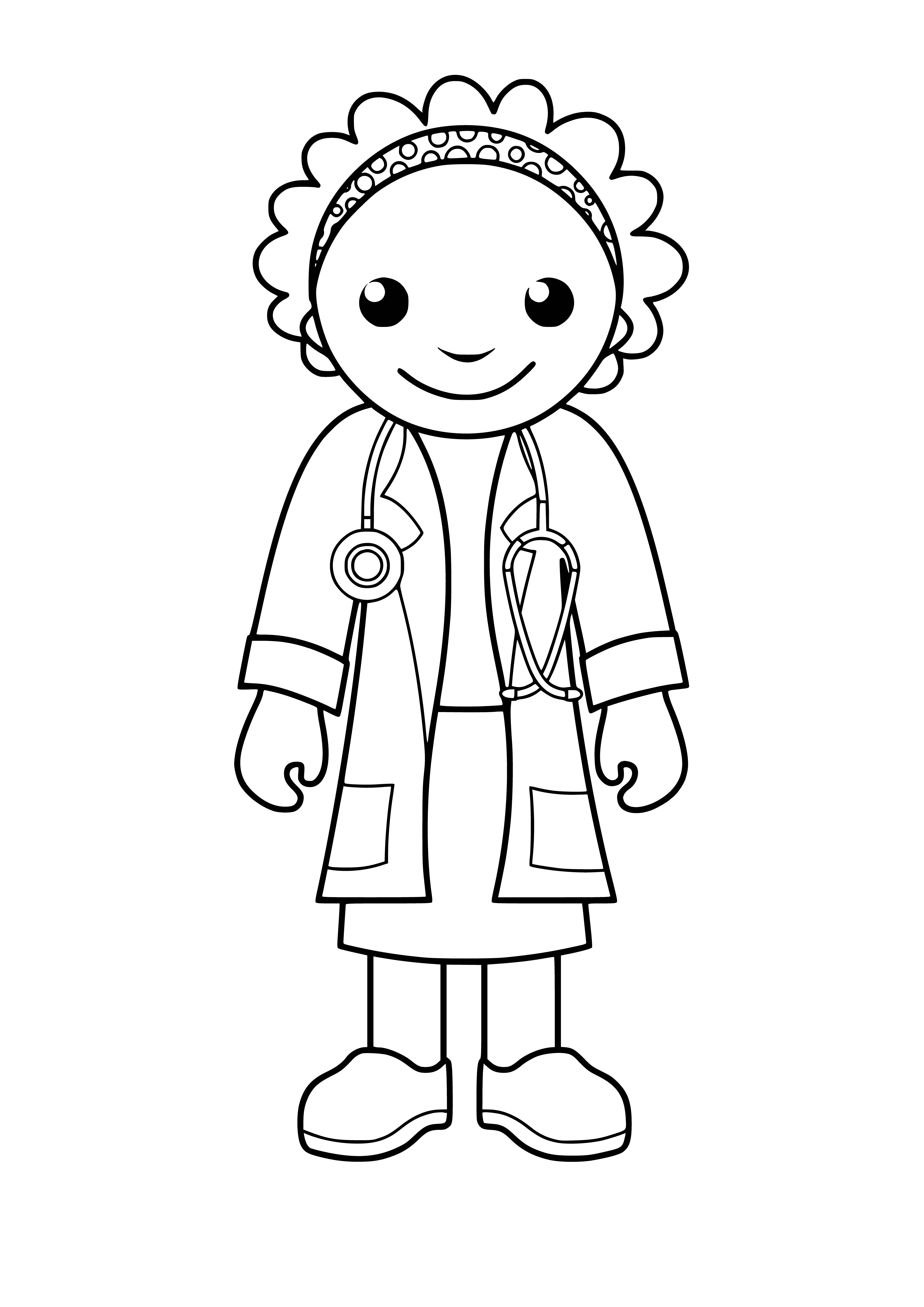 coloring page: A bald doctor in a white coat with a stethoscope around his neck is smiling in the coloring page.