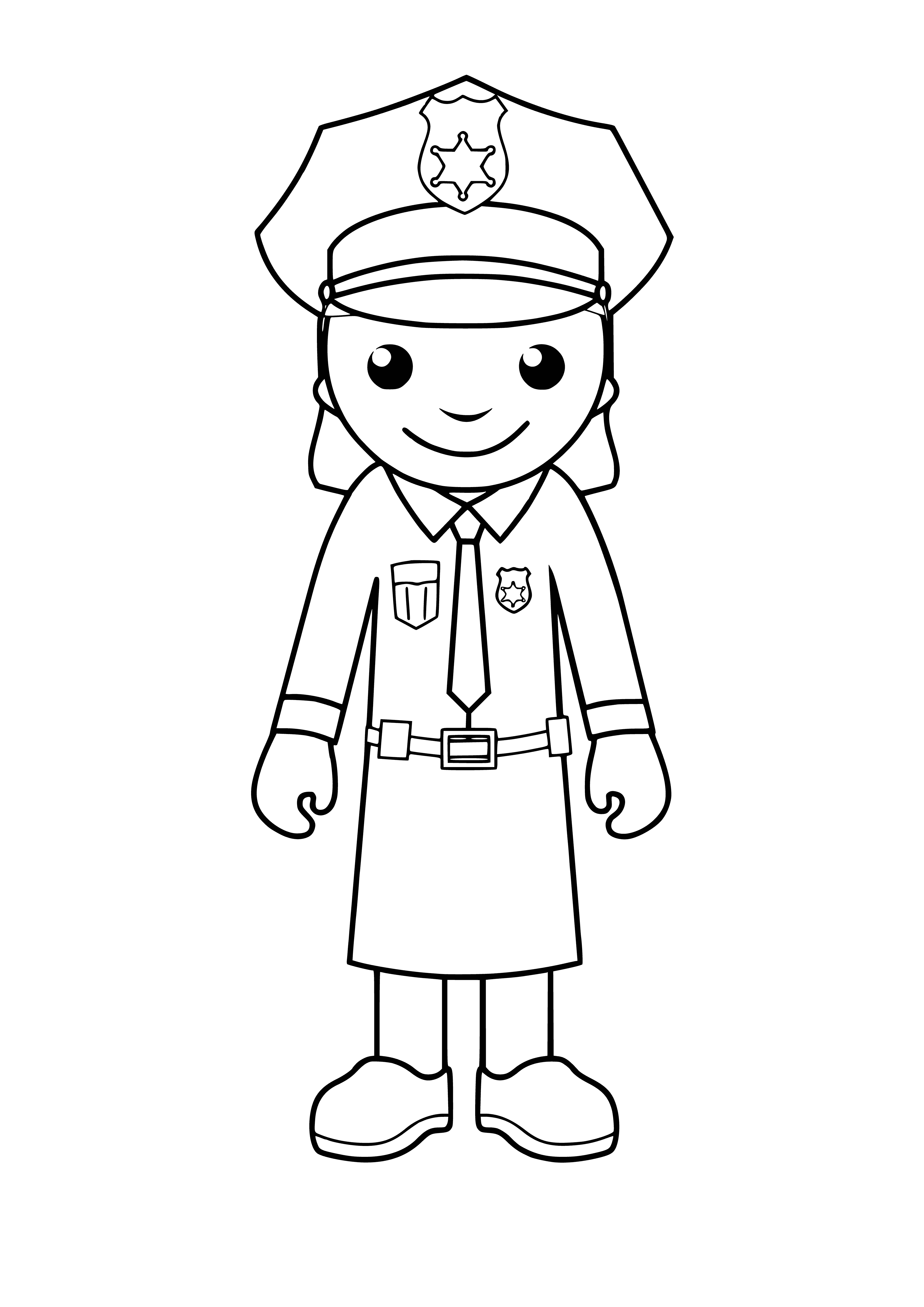 coloring page: Cop writing on clipboard wearing uniform & holster with serious expression--coloring page for kids.