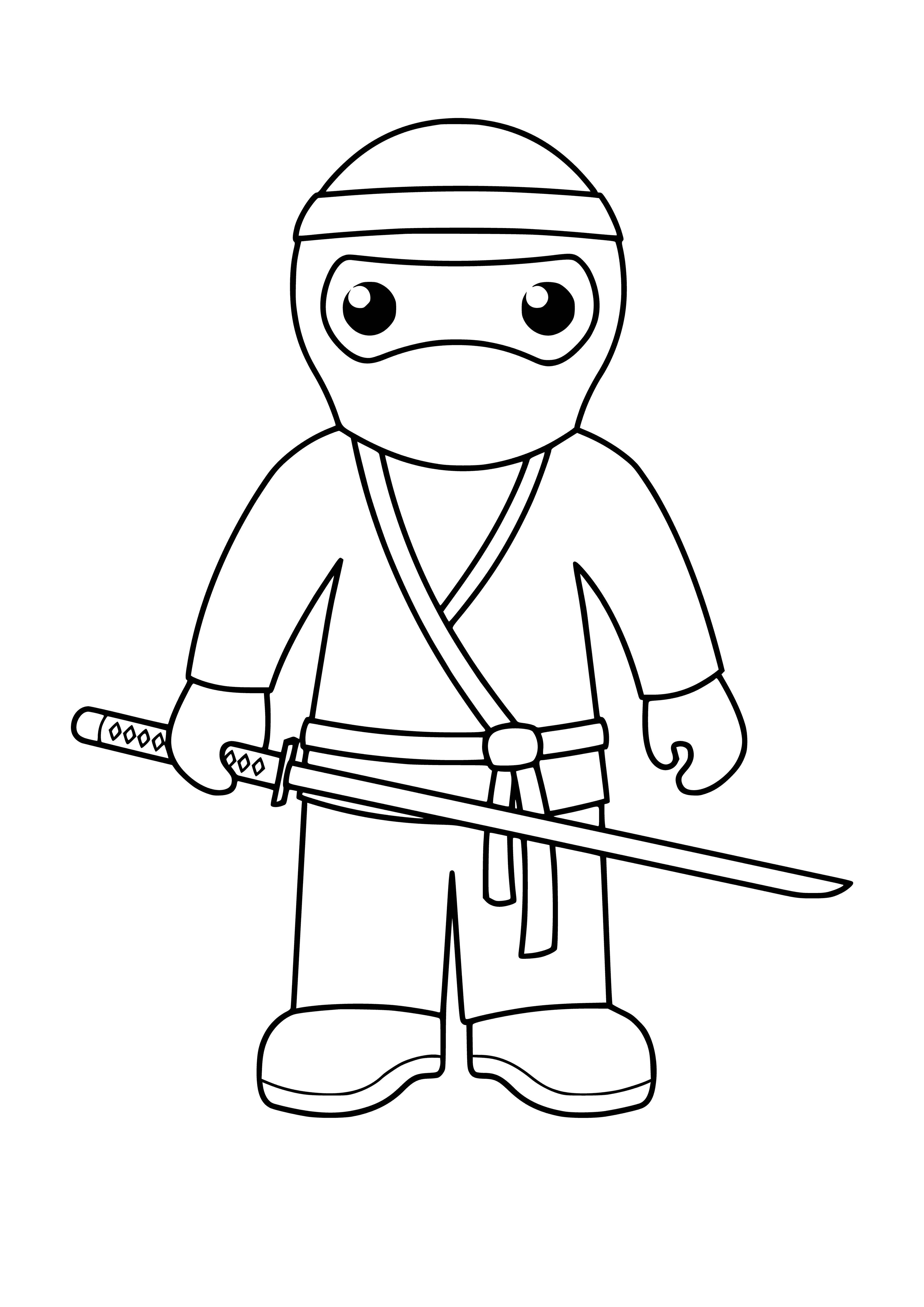 coloring page: 4 people in coloring page; 3 in black with hoods & swords, 4th in red with cape, mask & sword.