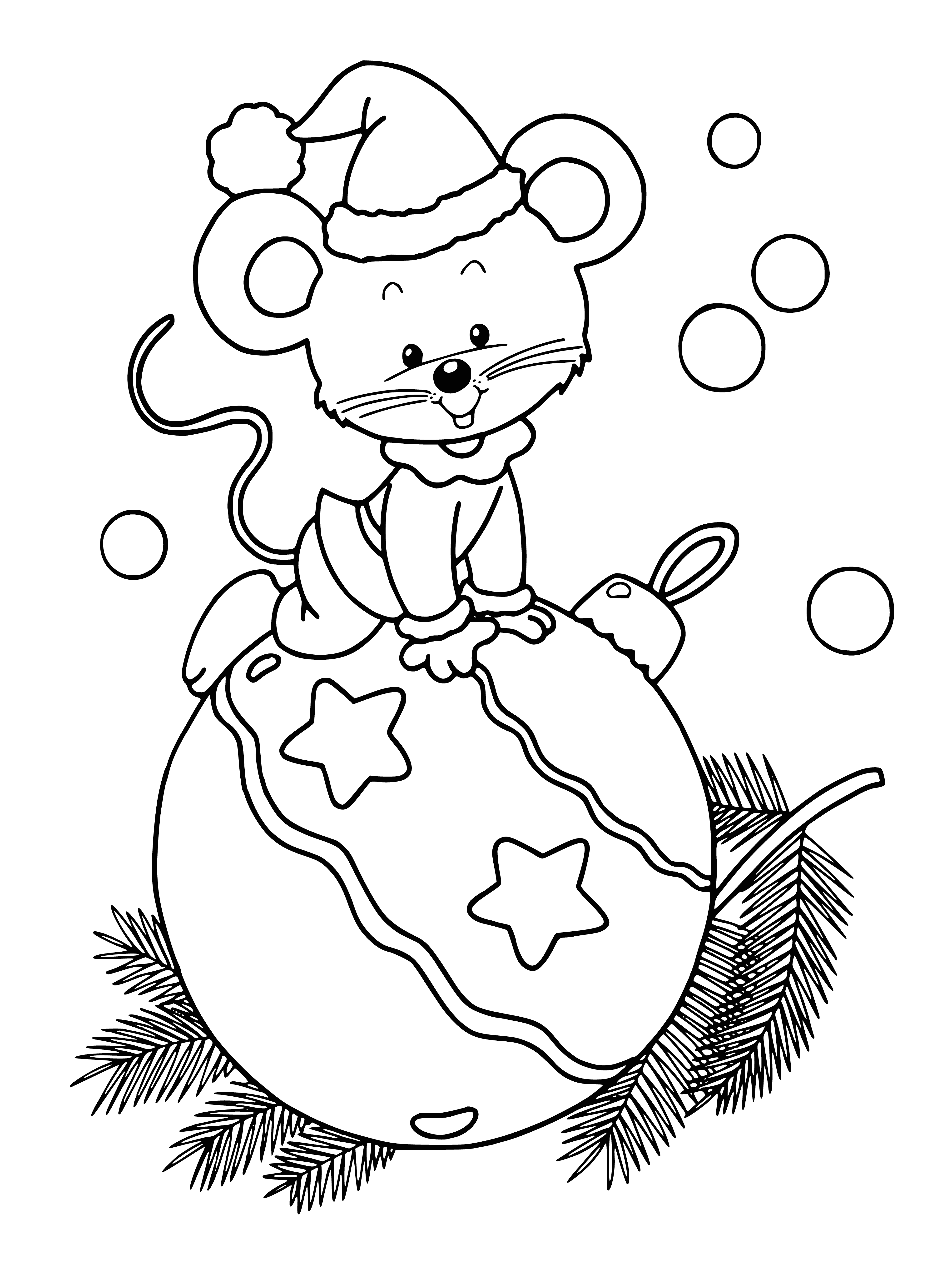 coloring page: A rat crawls on a light brown Christmas ball, holding a piece of cheese in its mouth. Small black eyes, a pink nose, and long thin whiskers.