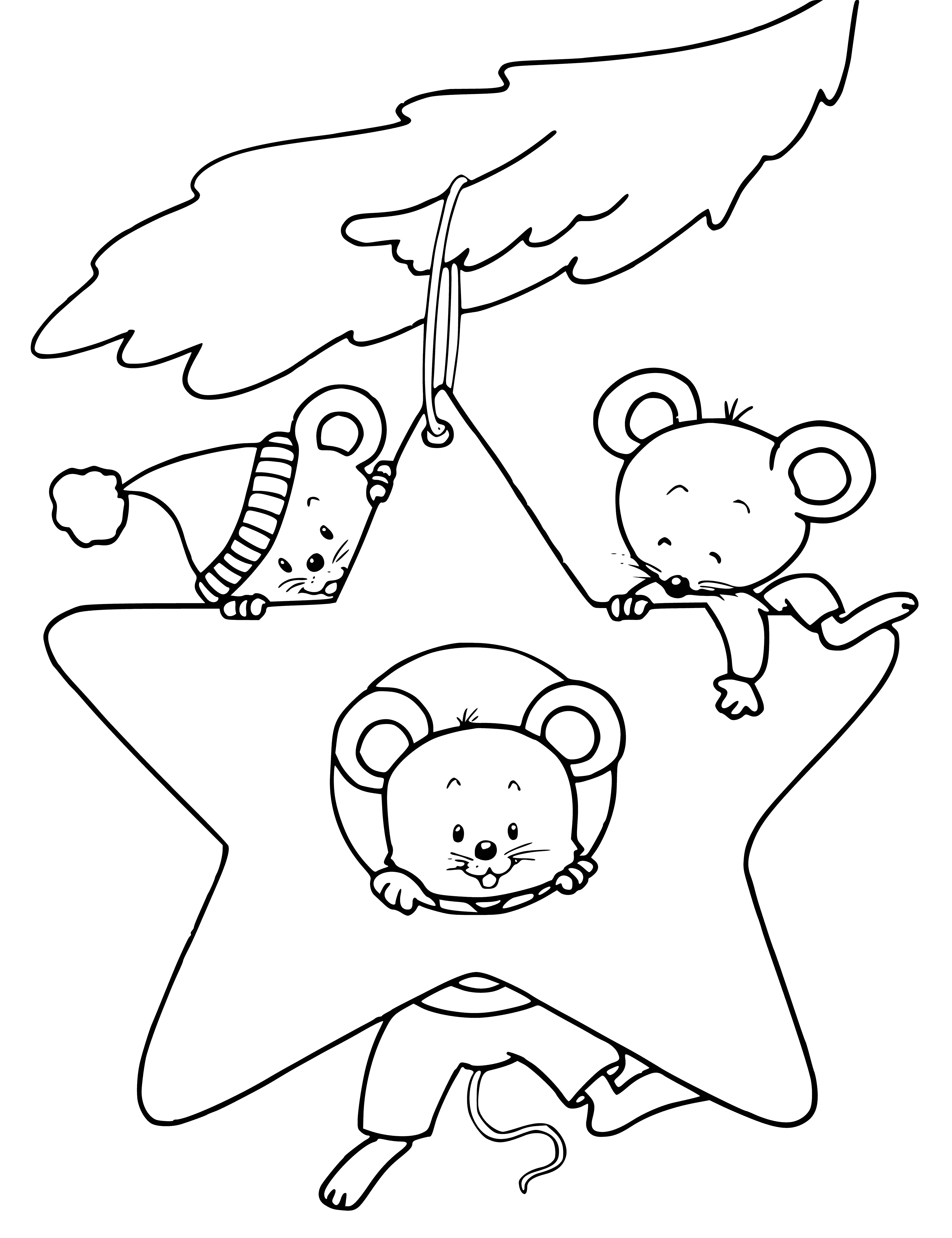 coloring page: A large rat sits atop a tree branch surrounded by small mice admiring it; beady eyes, long whiskers & a hanging tail.