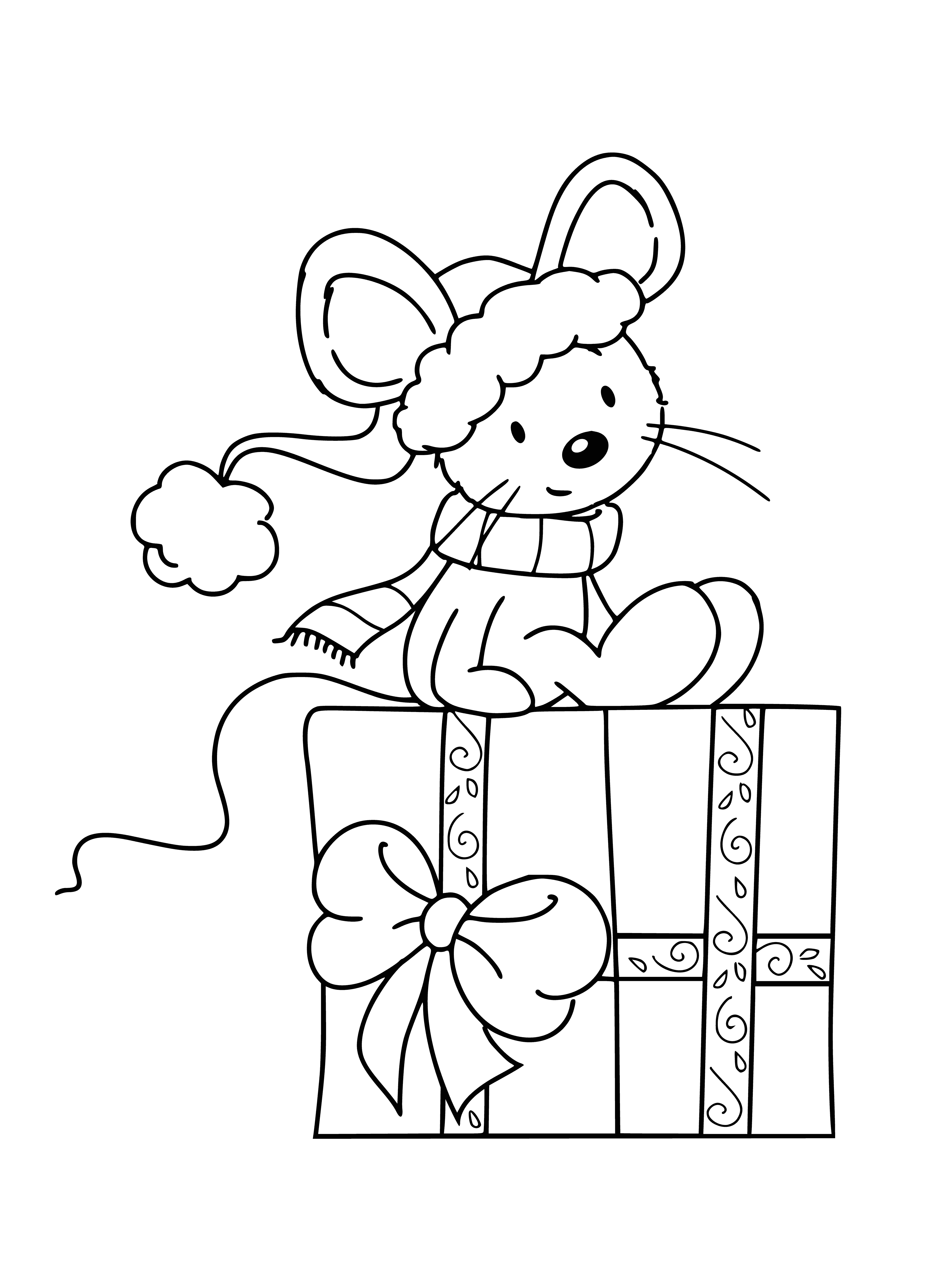 coloring page: Large rat & small mouse bear gifts, cheerfully seated facing each other with open mouths as if laughing or singing.