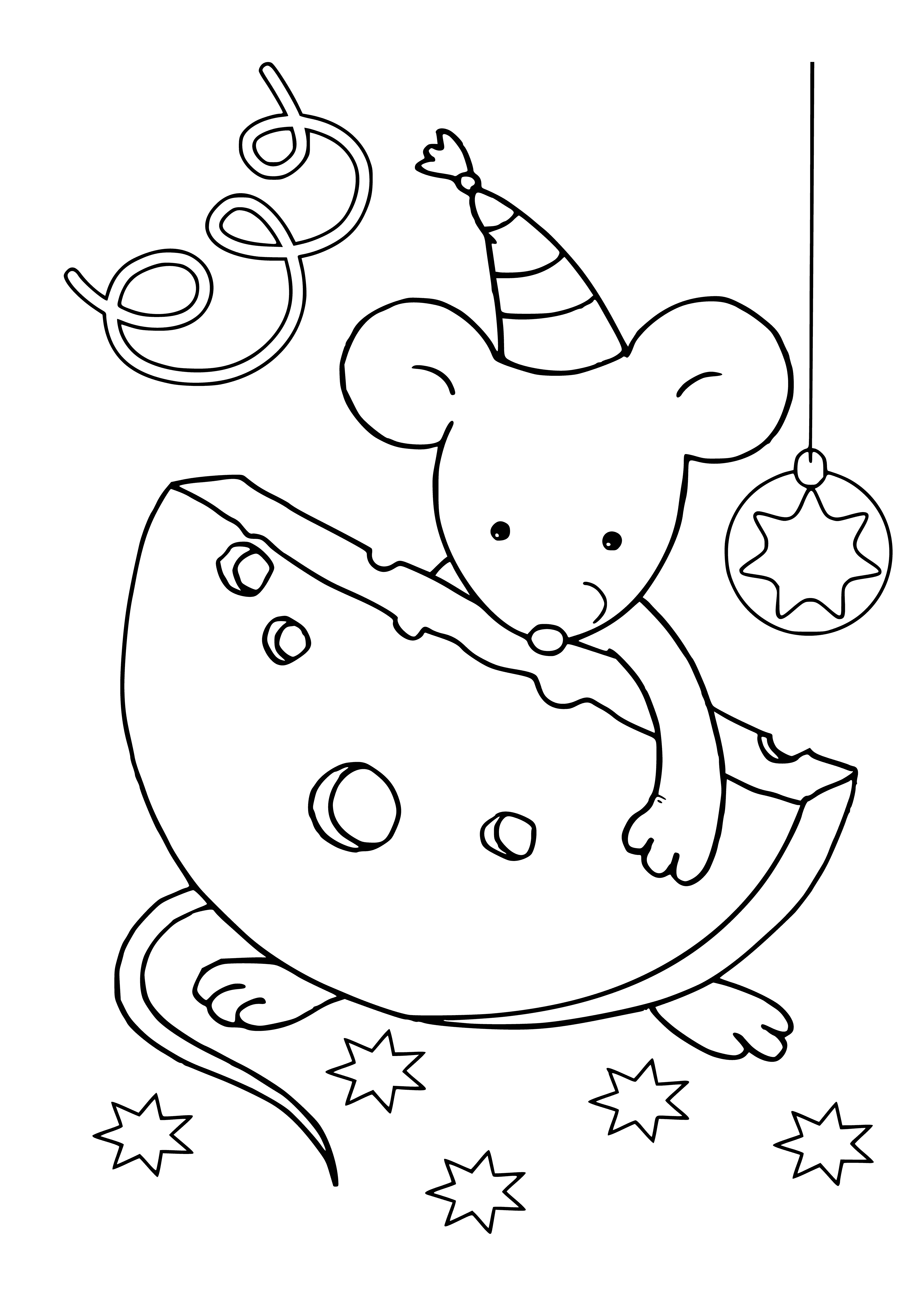 coloring page: Small brown rat sits atop red, green Christmas mouse; paw on head, looks down lovingly.