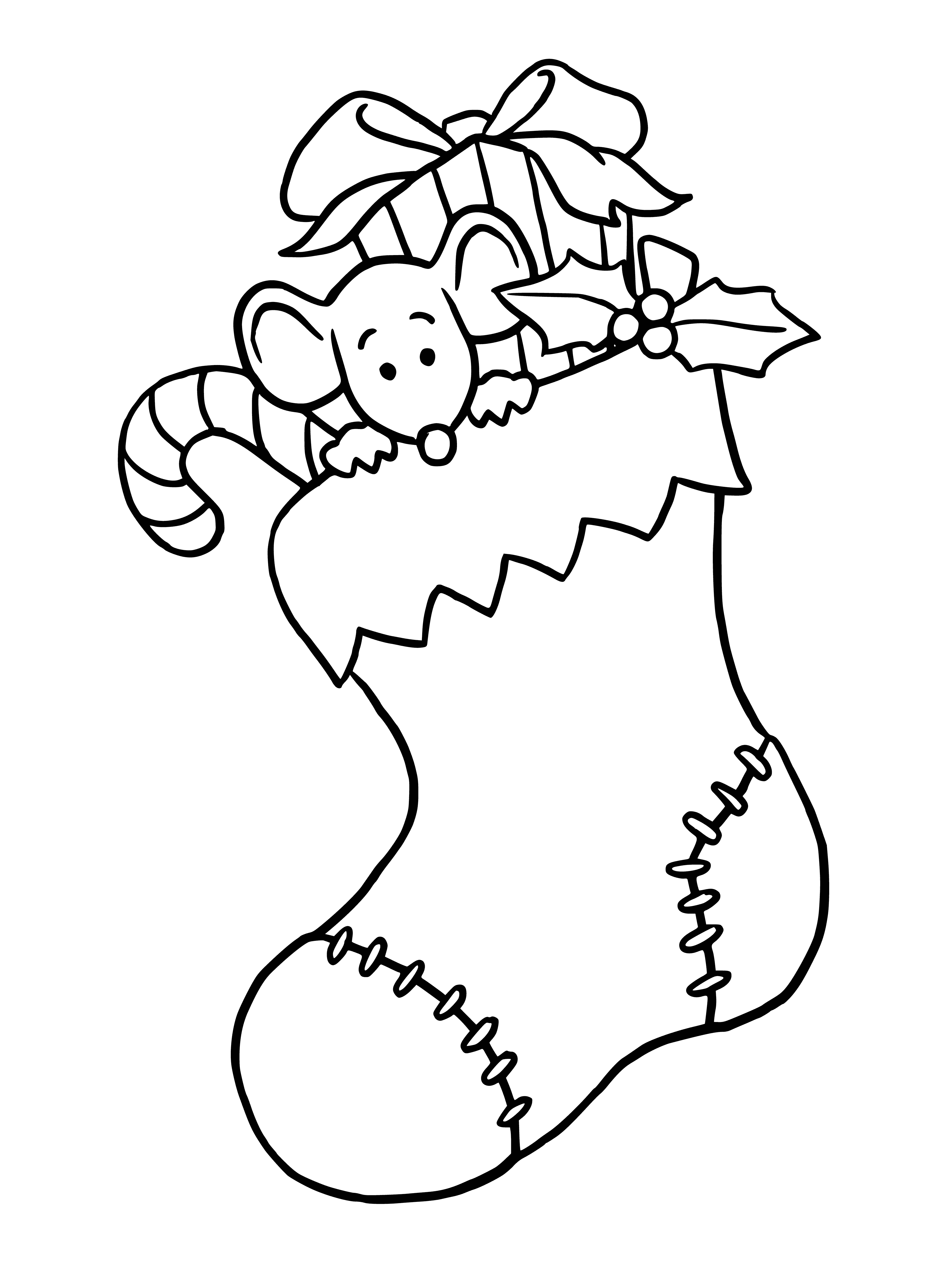 coloring page: Rat perched on red/white striped sock hanging from string, tail wrapped around.