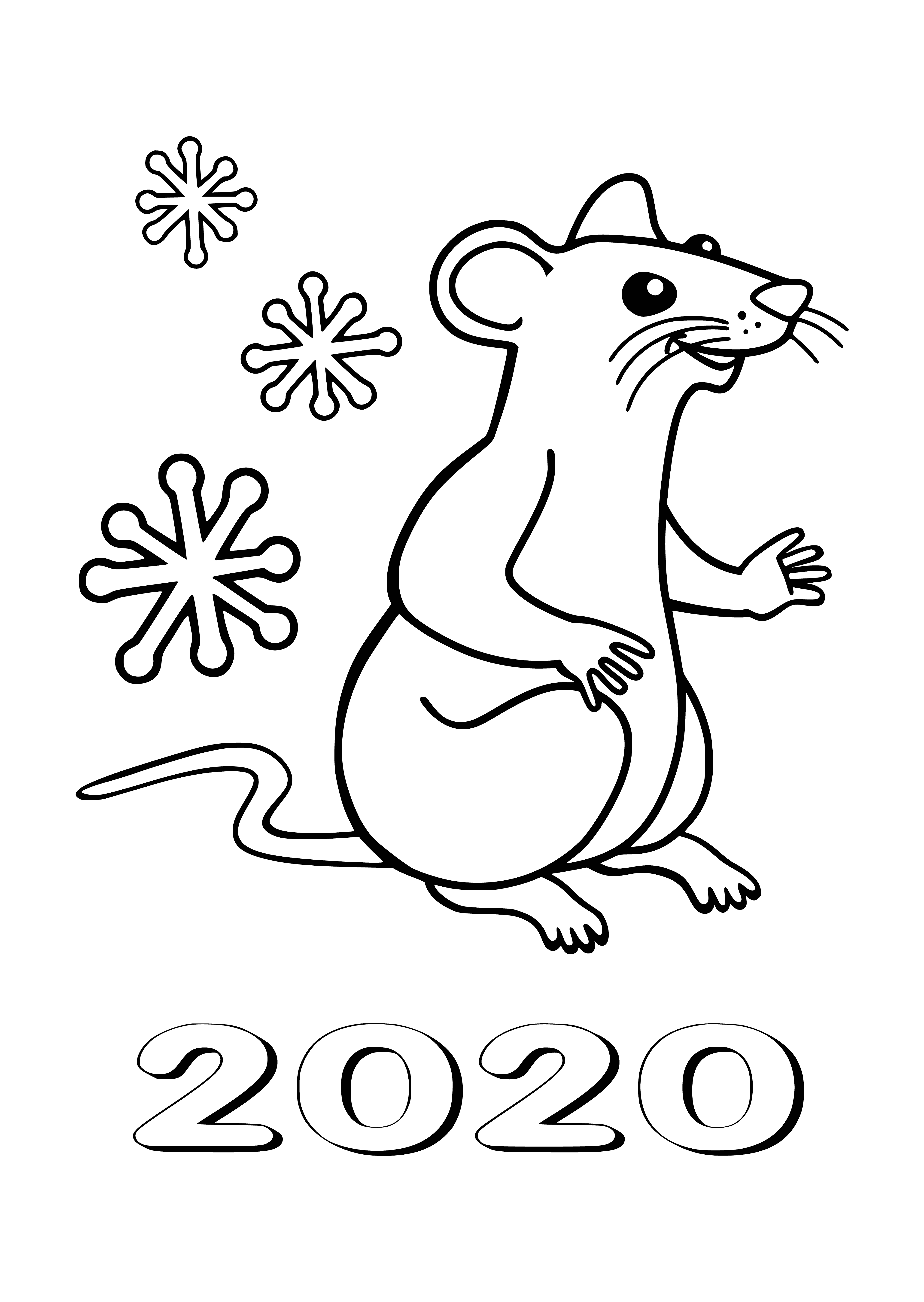 coloring page: Colorful rat on page symbolizes "Year of the Rat" - Chinese characters above & words below illustrate the scene.