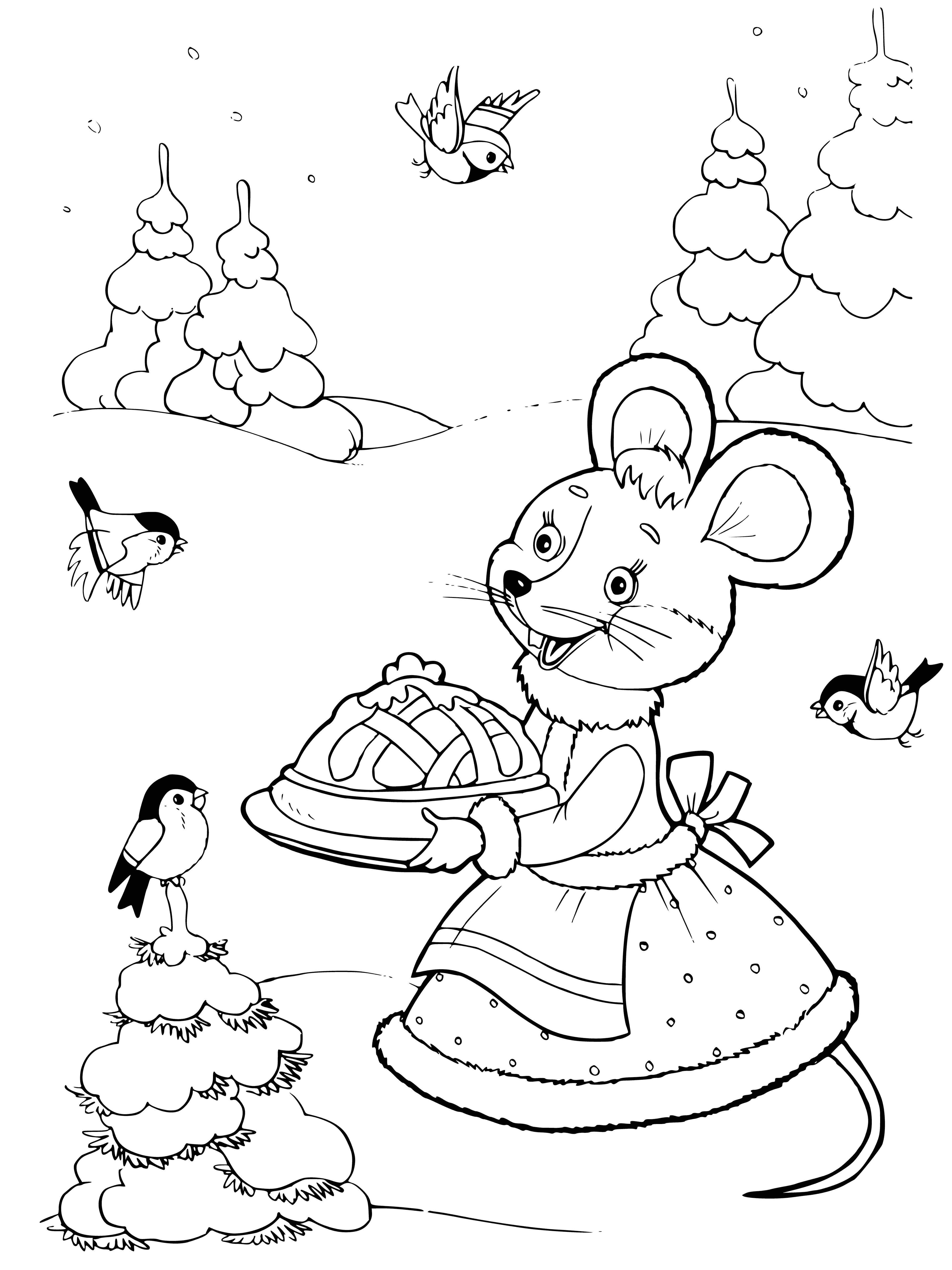 coloring page: Small brown rodent on log, standing guard in snow-covered forest. Beady black eyes scanning for danger; long tail and large ears.