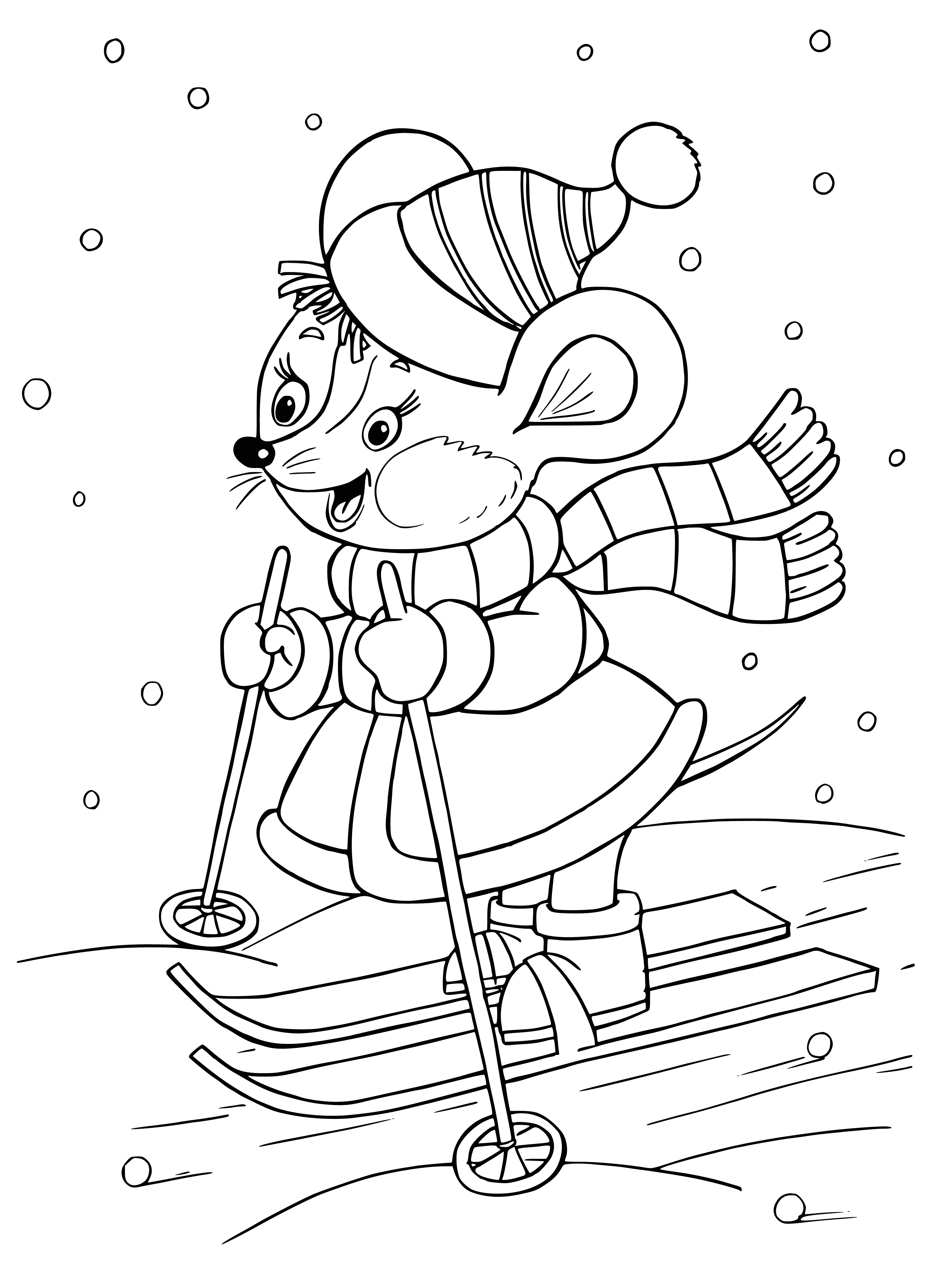 coloring page: Rat on skis in the middle, wearing red scarf+hat, two mice skiing with it: 1 white behind, 1 brown in front.