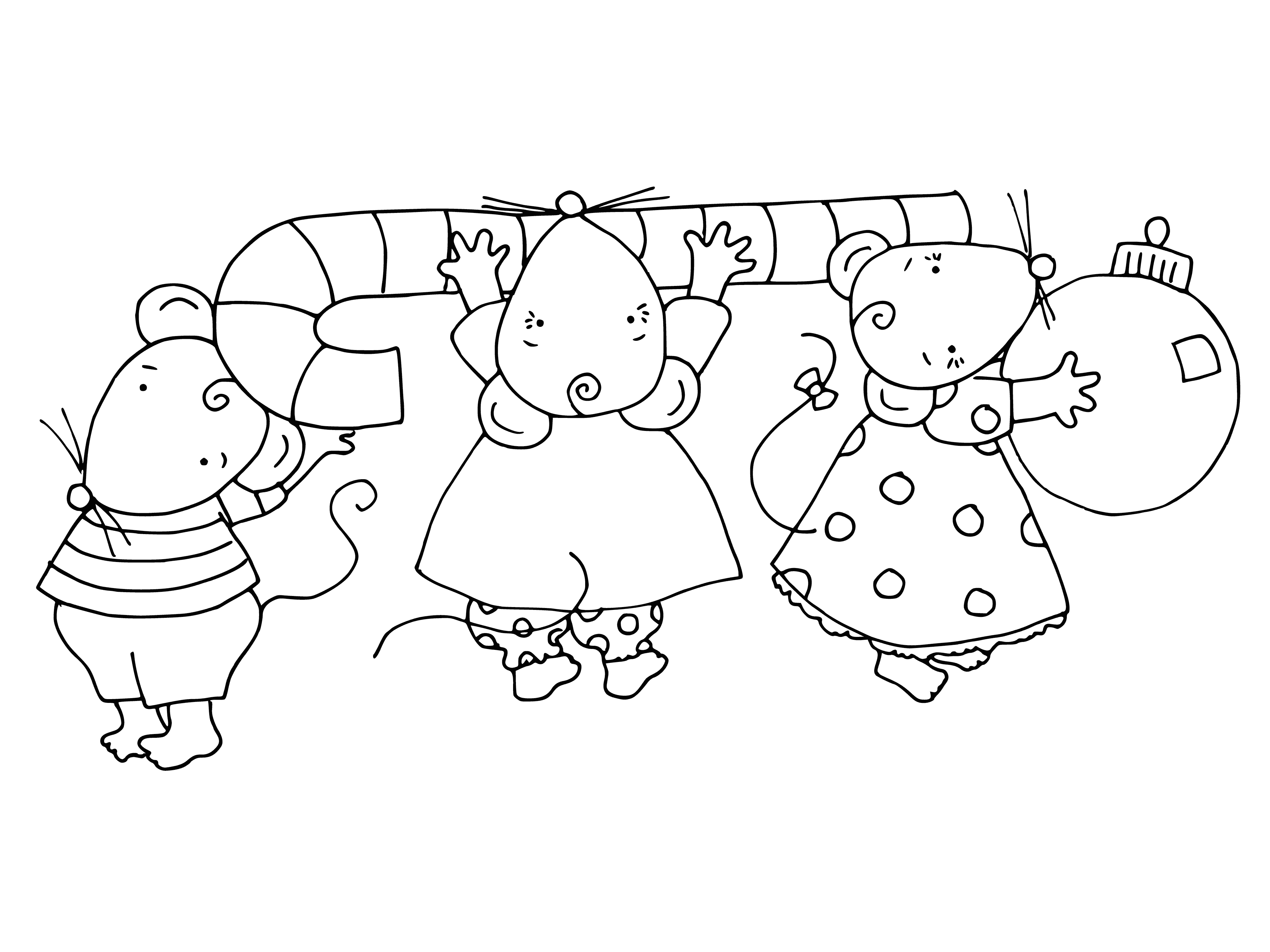 coloring page: Mice carry candy canes in mouths in Rat-year. Red/white canes carried by brown/white mice. #ChineseNewYear