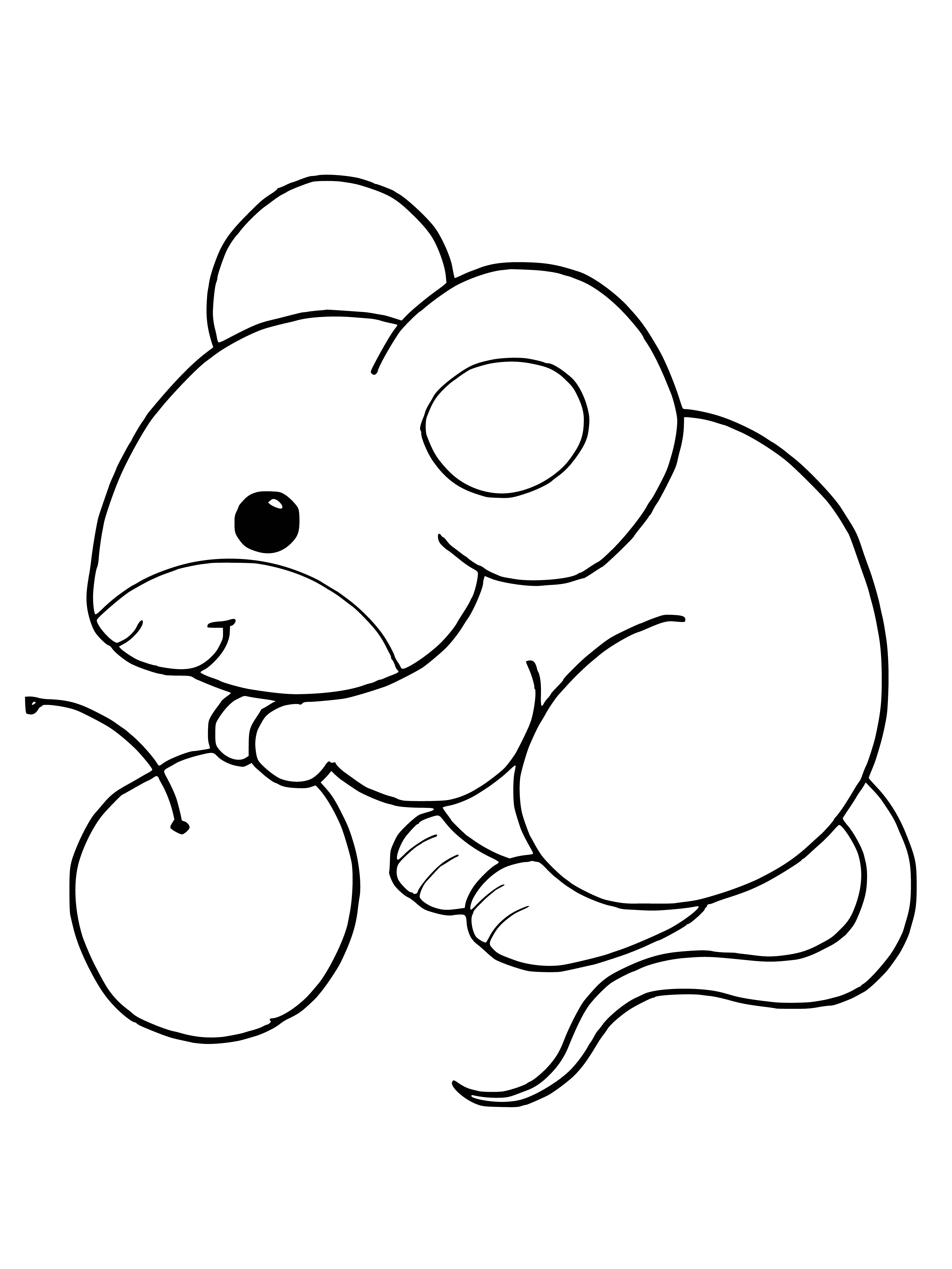 Rat nibbling on apple: long tail, pointy ears, beady eyes.