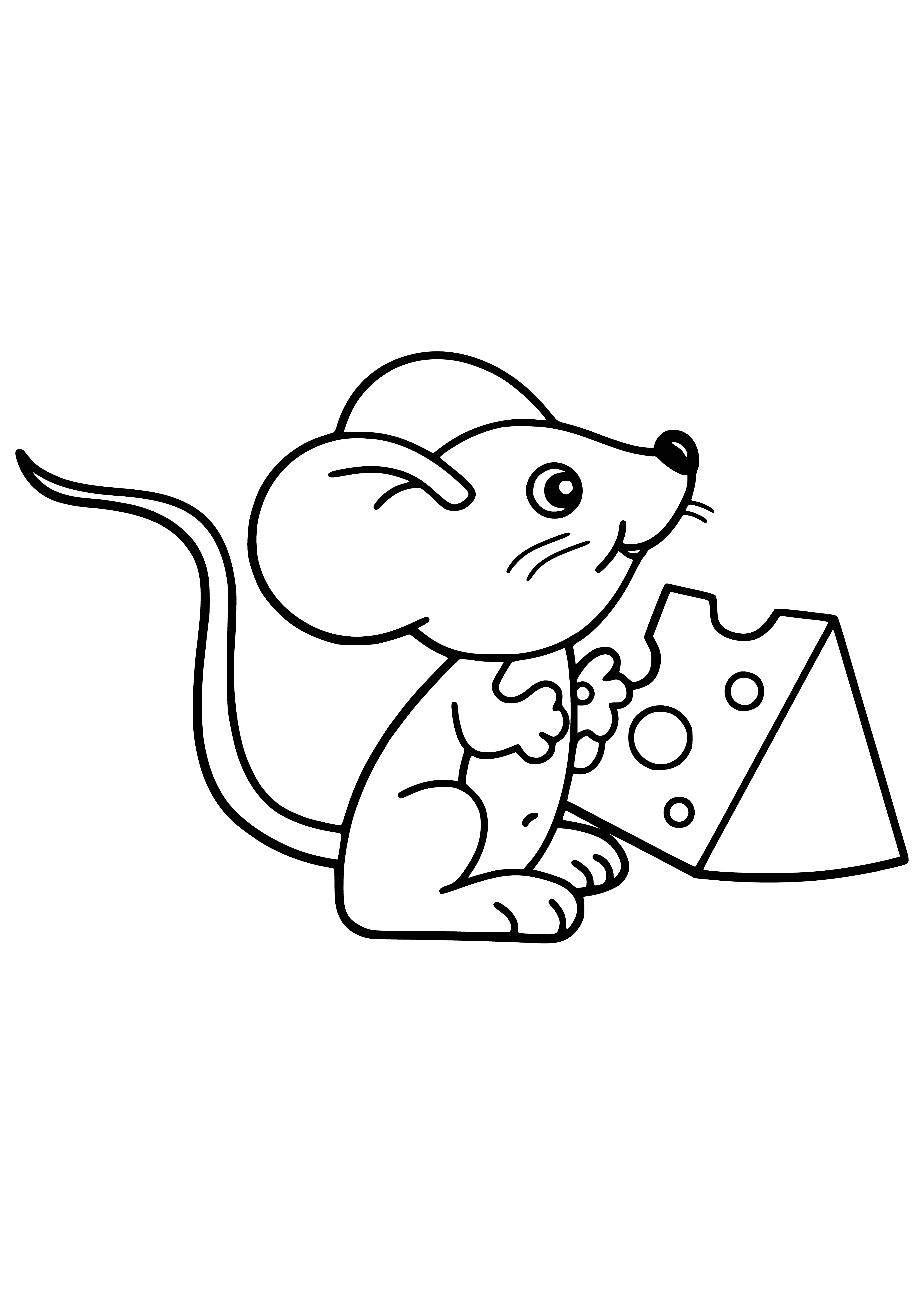 coloring page: Rat holds cheese, standing on hind legs, tails curled, small black eyes, long nose, brown fur and white belly.