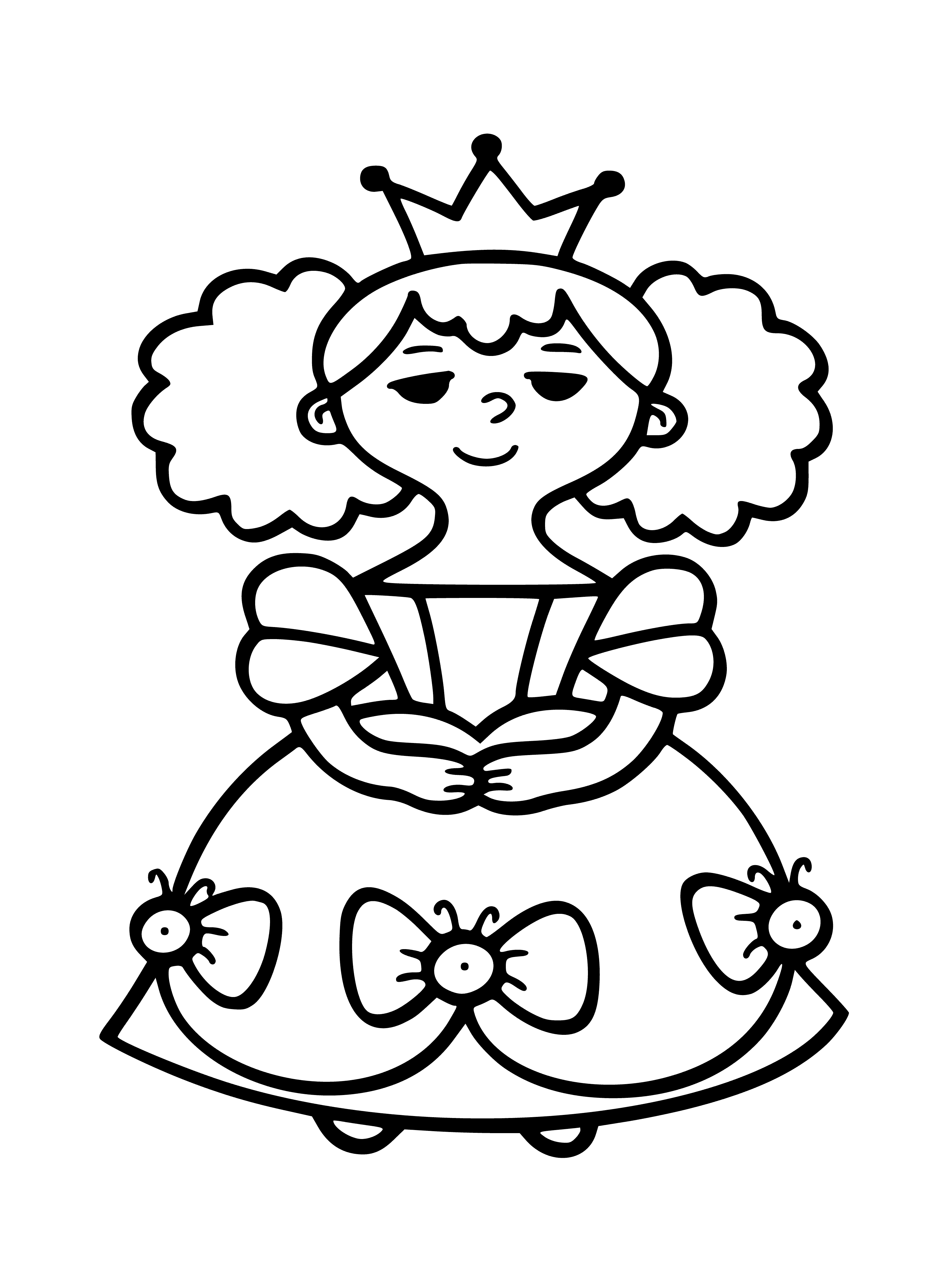 coloring page: Girl kneels in forefront looking at 3 figures in line wearing crowns and pointy hats; middle figure holds scepter.