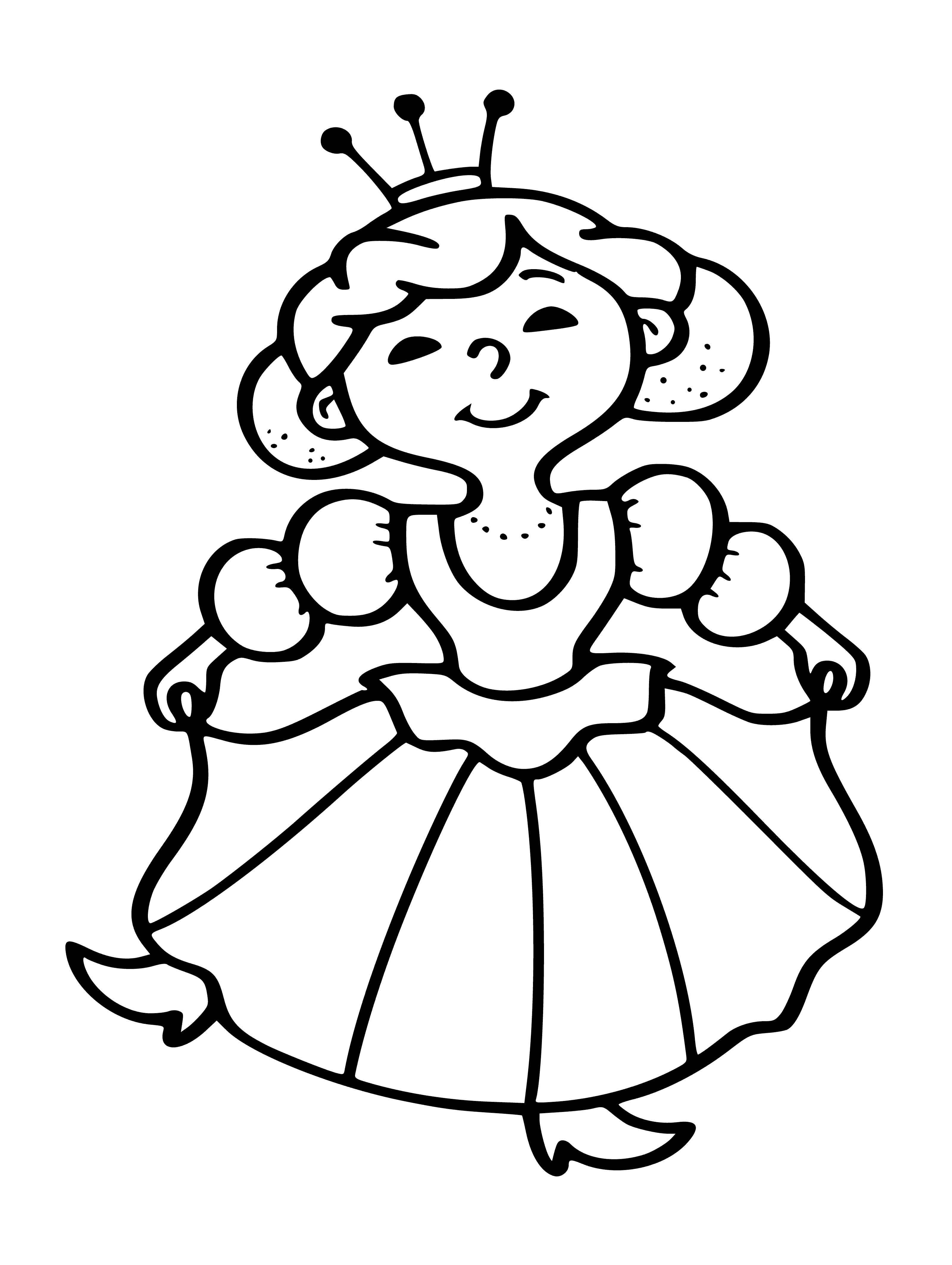 coloring page: Little girl in princess dress, tiara, wand & book surrounded by stuffed animals.