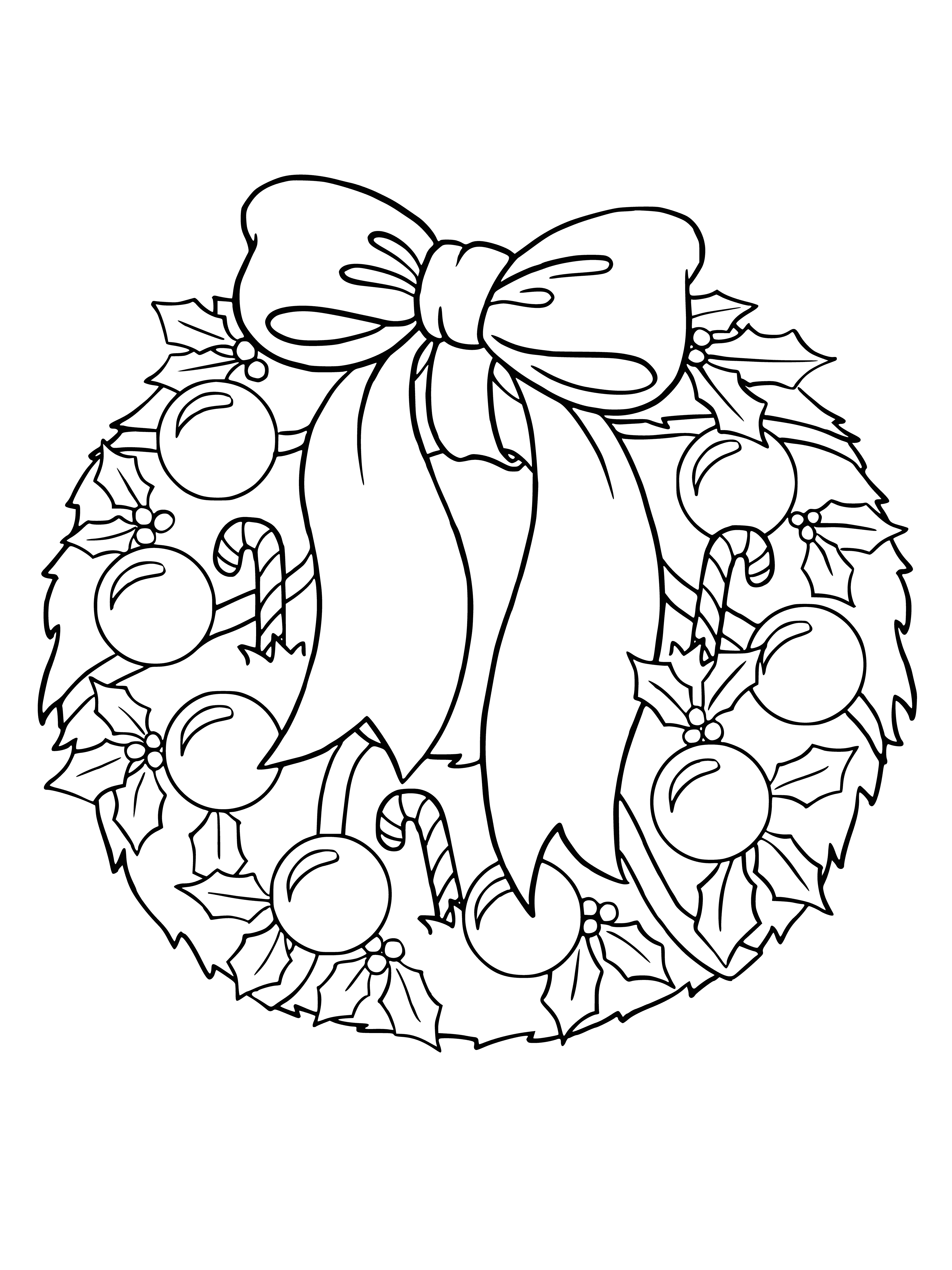 coloring page: Circular wreath of greenery, white ribbon, red berries, pinecones & red bow - perfect for adding a festive feel to any holiday display!