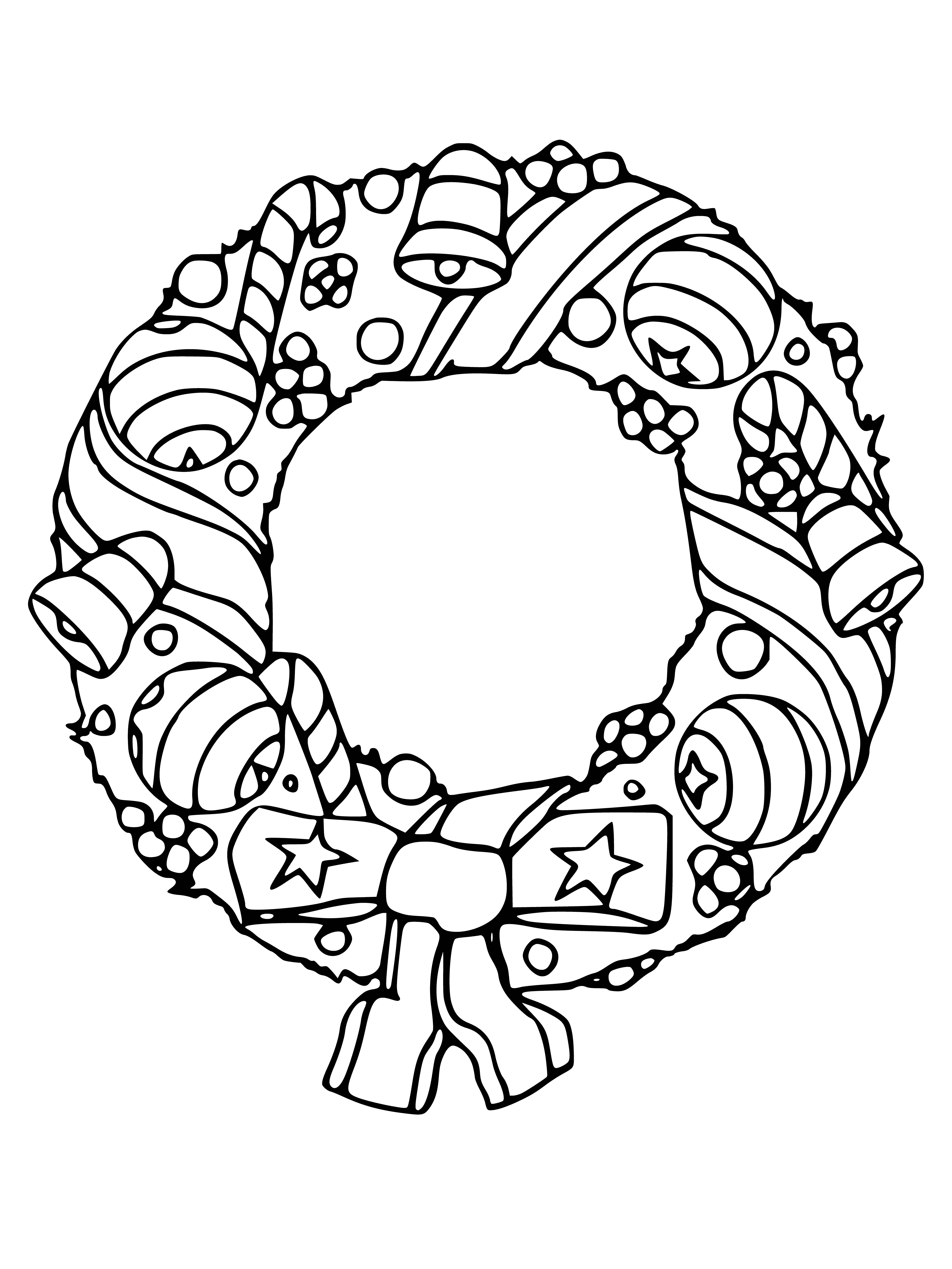 coloring page: A perfect addition to your holiday home. 

A festive evergreen wreath adorned with red berries and topped with a red bow - perfect for your holiday decorations!