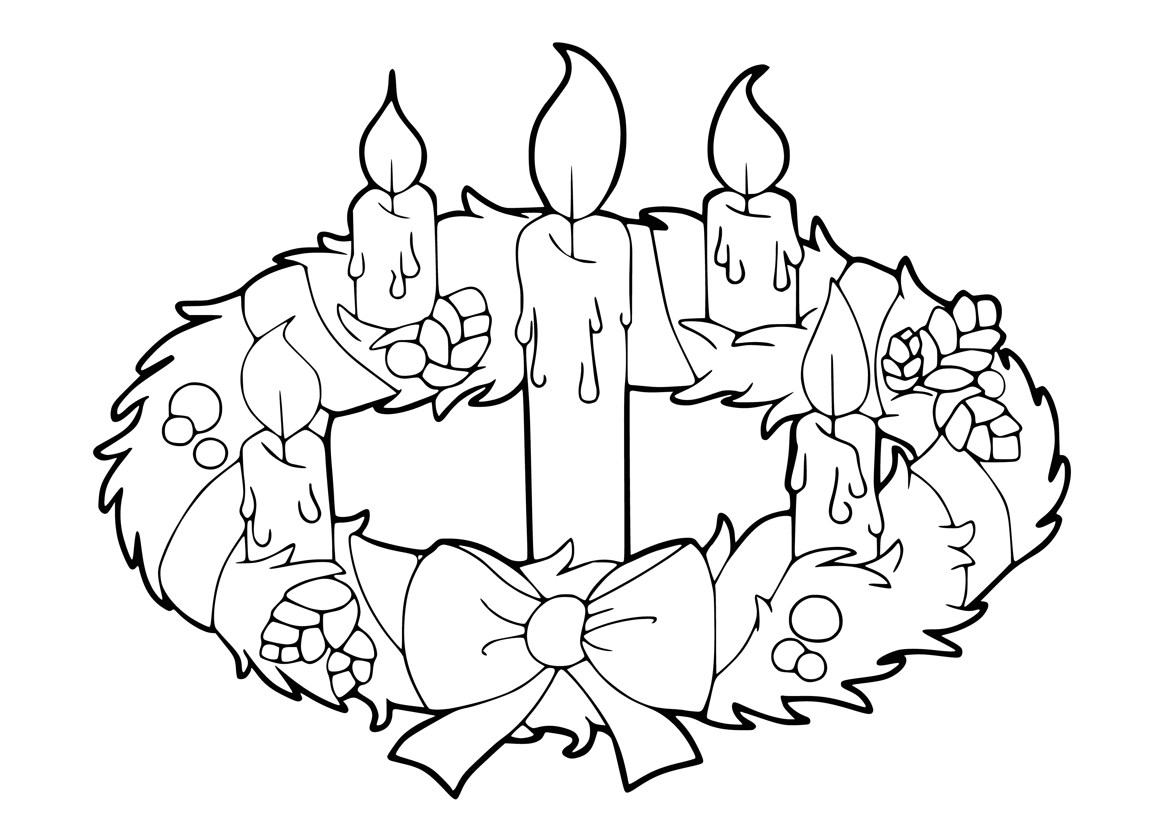 coloring page: Christmas wreath with 5 candles (2 red, 3 white), evergreen branches & red berries.