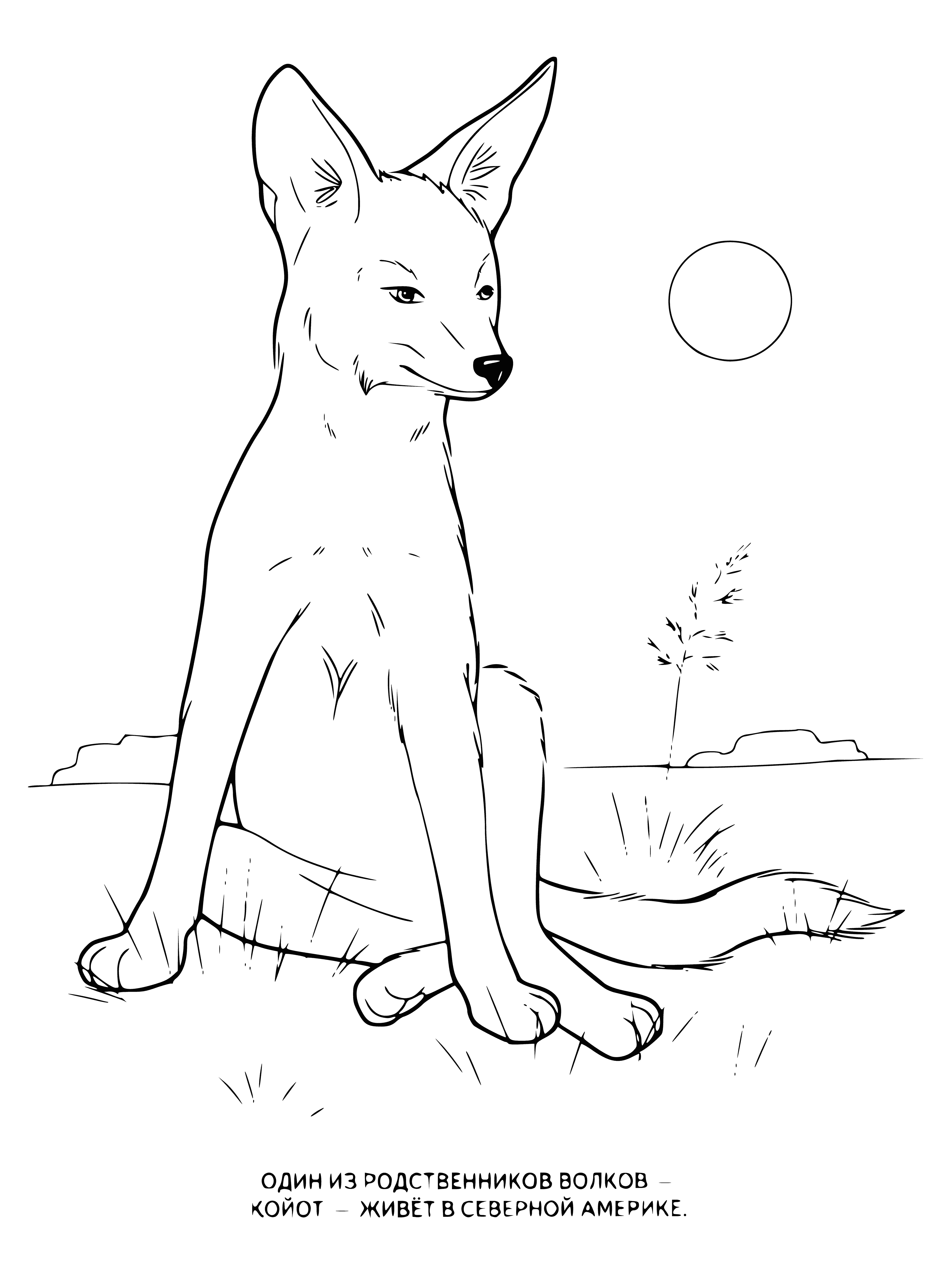 coloring page: Resting coyote with brown-grey coat, pointy muzzle, erect ears, and bushy black-tipped tail.