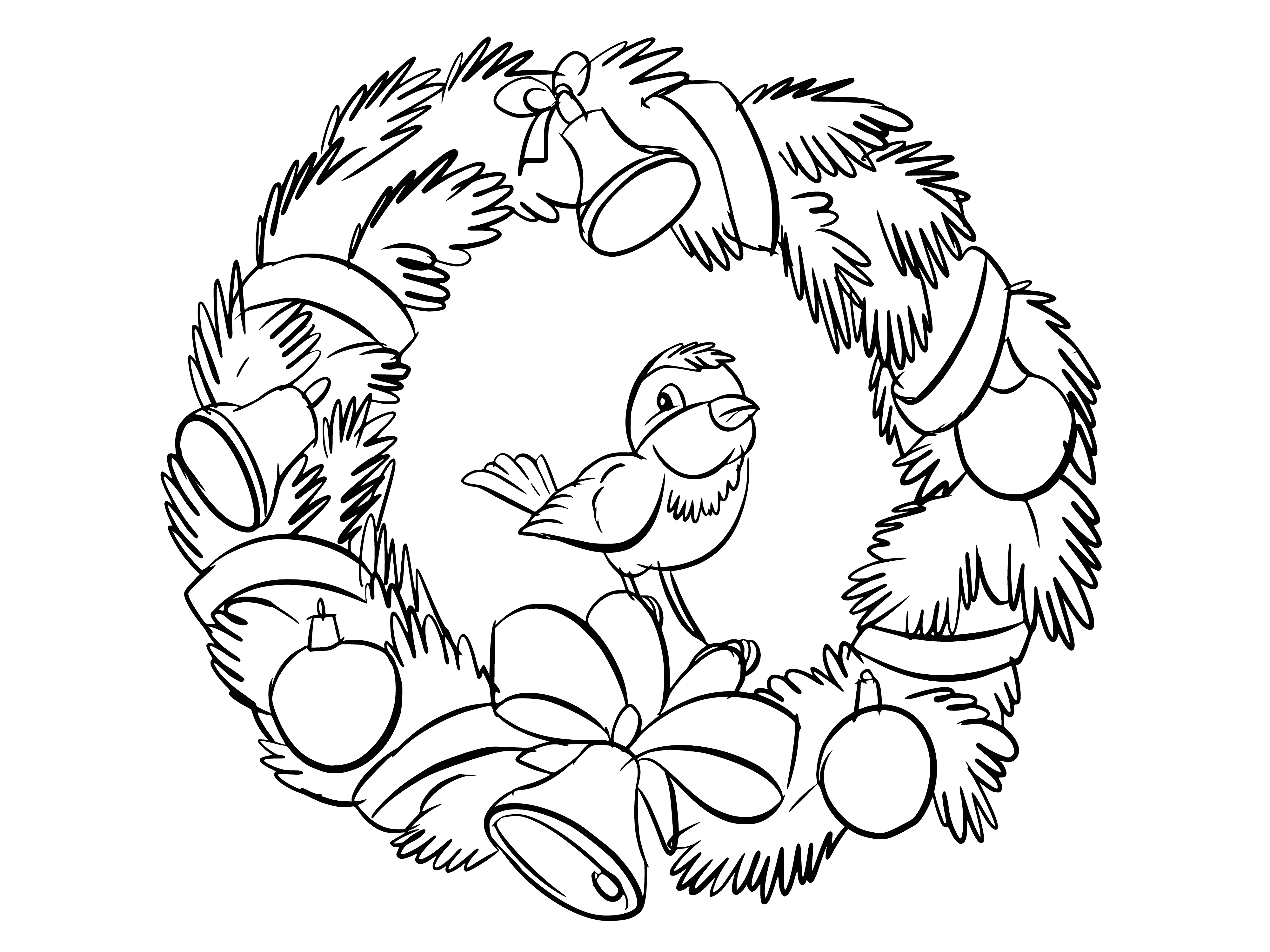 coloring page: A Christmas wreath: evergreen branches, leaves, ribbons, baubles - hung on a door/window as festive décor.