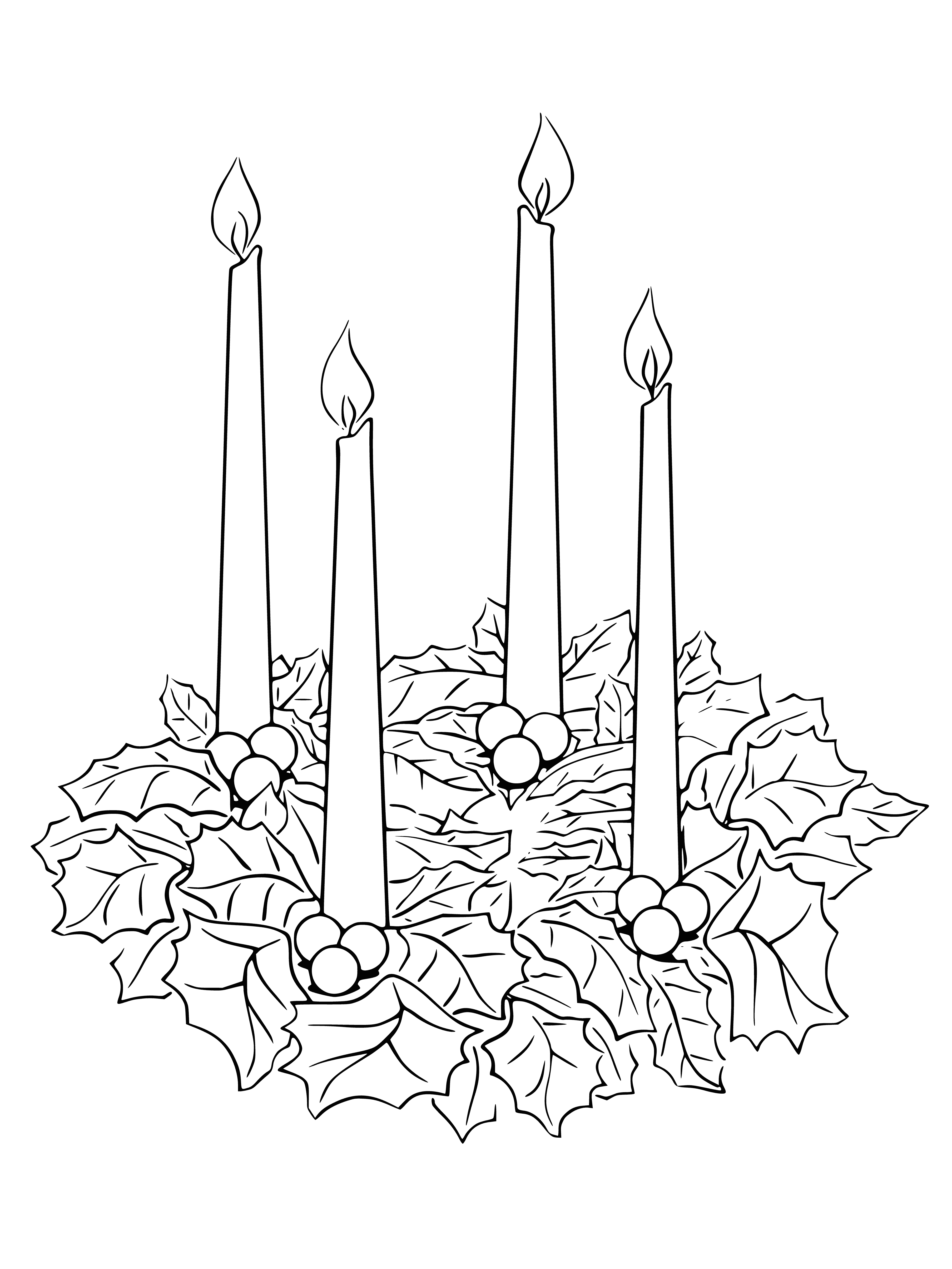 coloring page: 2 wreaths with 5 candles in different colors, decorated with holly & berries - perfect for holiday coloring! #coloringpages