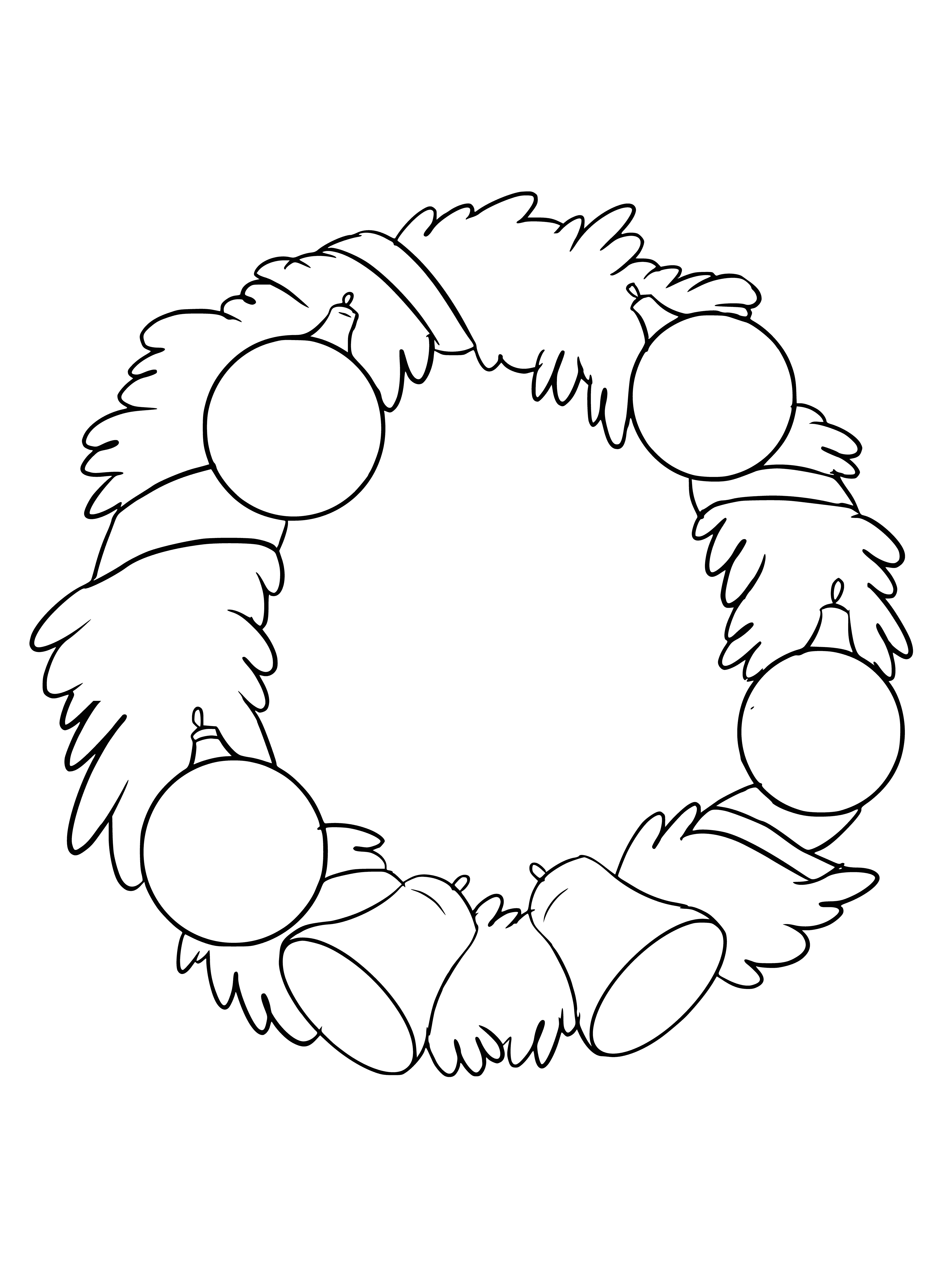 coloring page: Round wreath made of greenery, red bows, pinecones, & red berries.