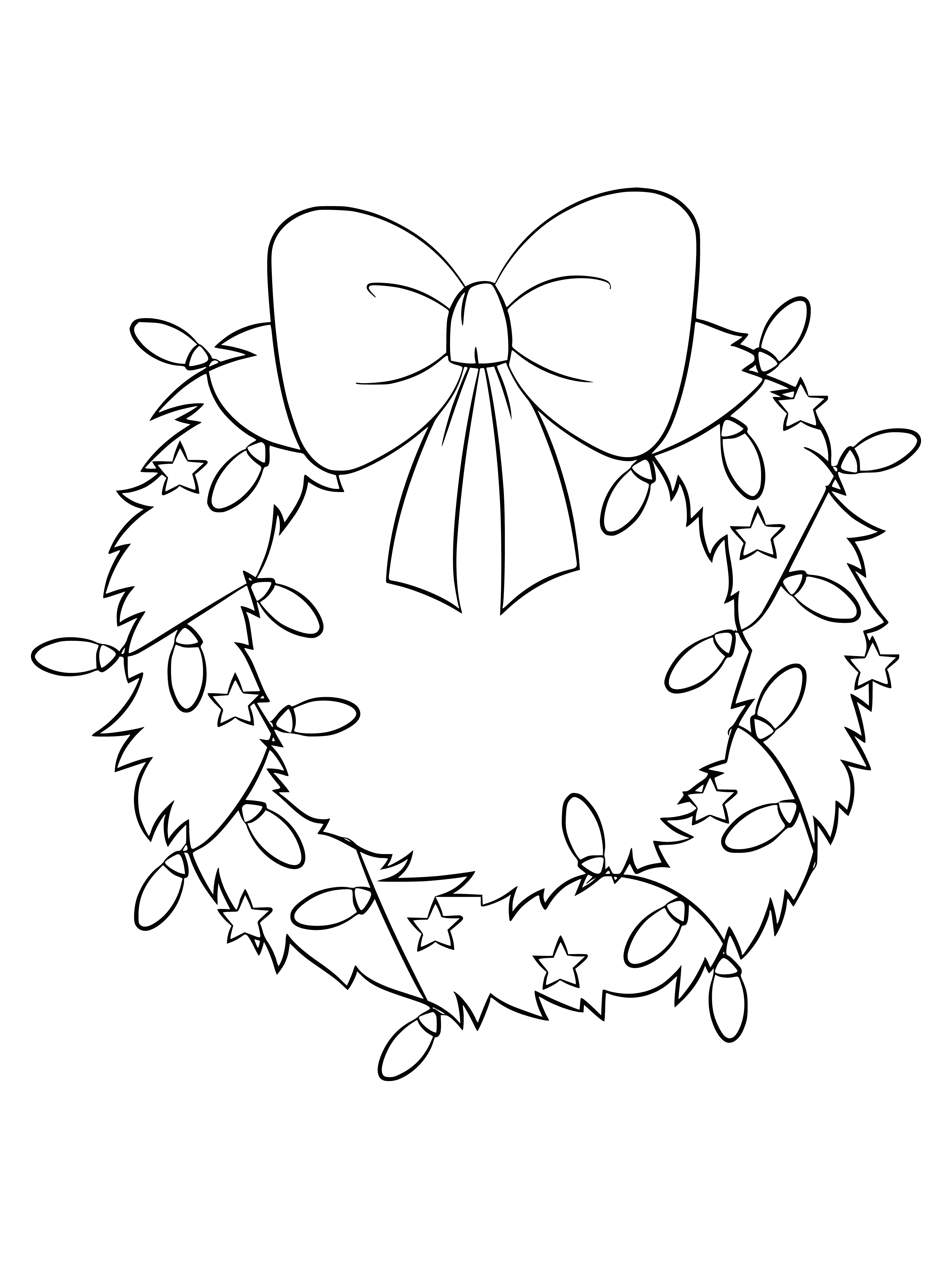 coloring page: Decorative New Year's wreath of green leaves & branches, with red berries, ribbons & pinecones, hung on door/wall - traditional holiday decoration.