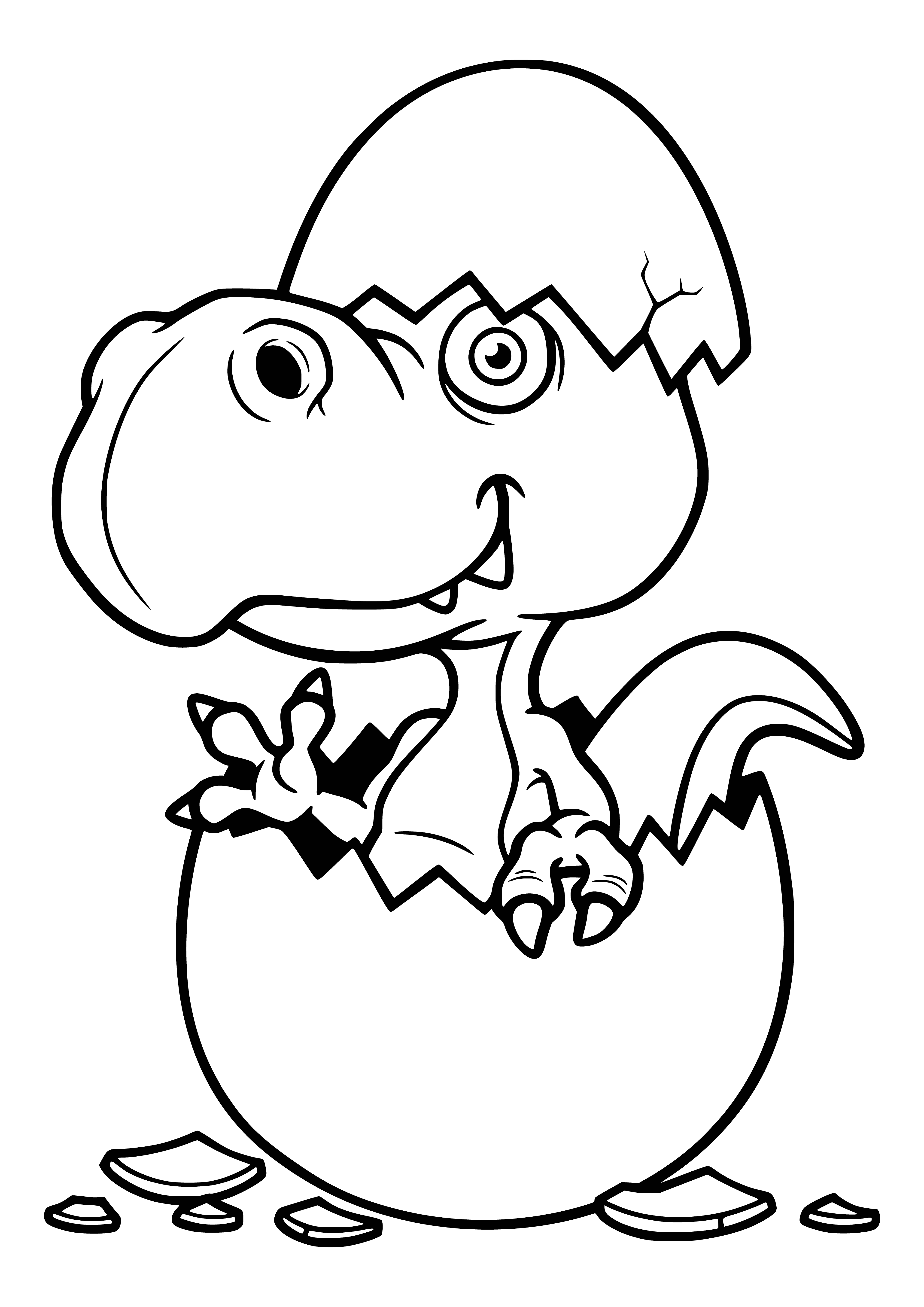 coloring page: A baby T-Rex is hatching from an egg! It has wet, greenish-grey skin and its small limbs are tucked close to its body.