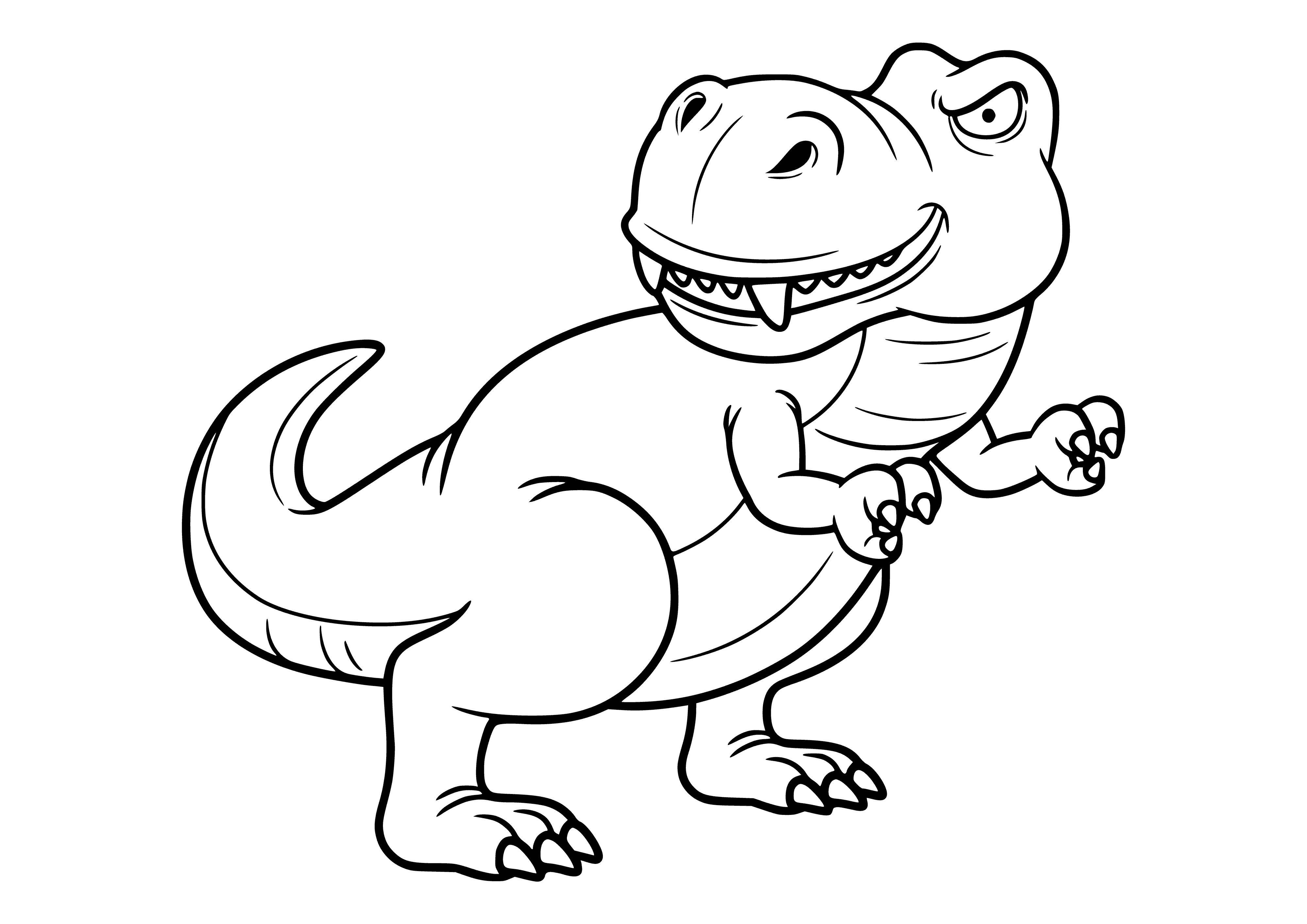 coloring page: T-rex coloring page of a big reptile with sharp teeth, small arms, long tail, body scales and brown spots on a green body.
