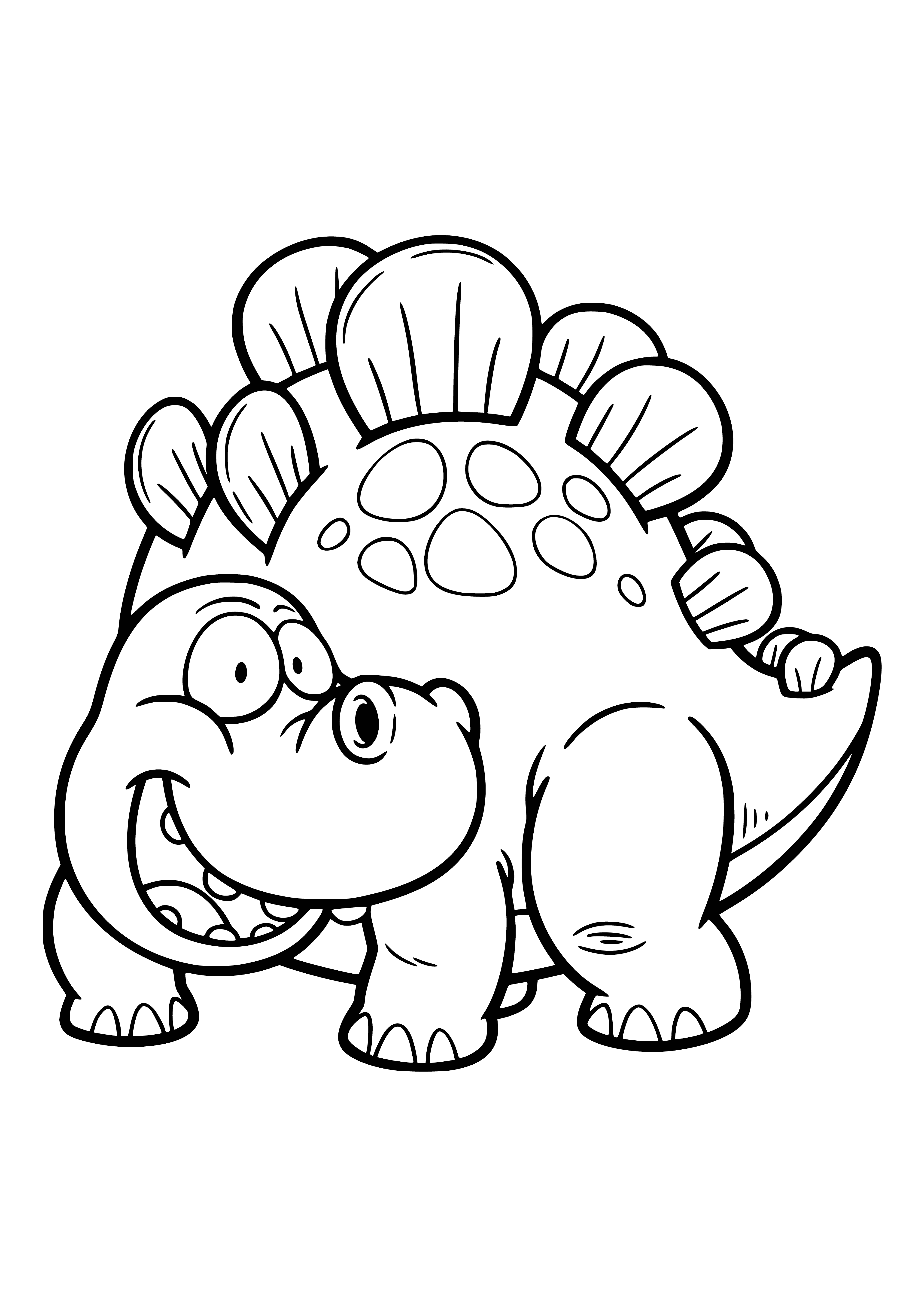 coloring page: Two small green dinos in a light-green forest, one big and tall, the other small with dark brown eyes.