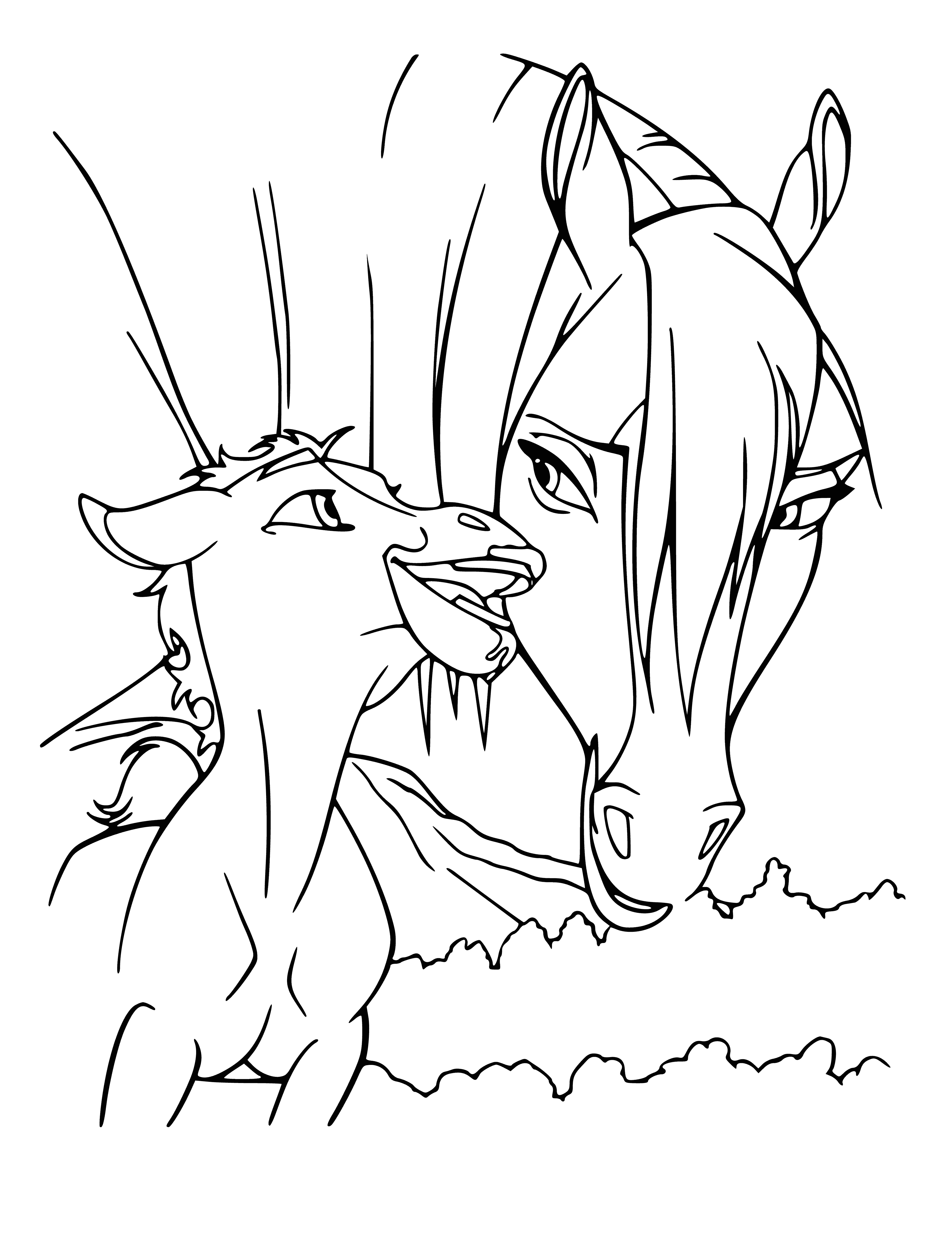 coloring page: A chestnut stallion stands proudly with his mother beside him, tenderly looking at him.