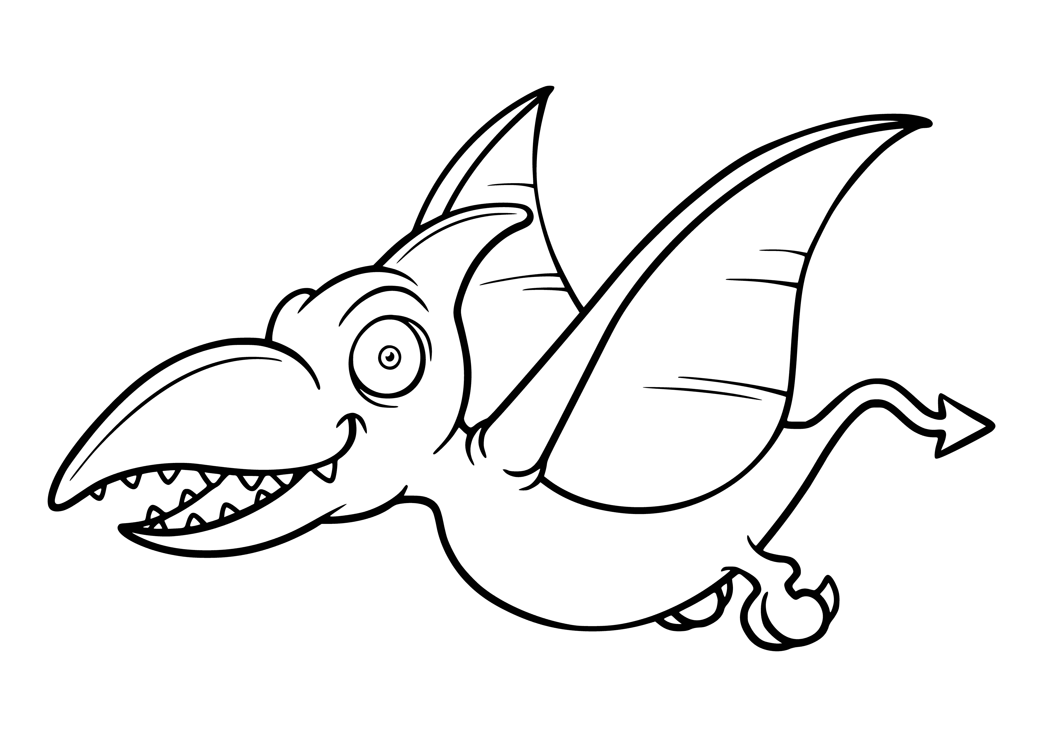 coloring page: large flying reptile with long beak, sharp teeth, and membranous wings; small body and long thin legs, gray with black stripes on wings.