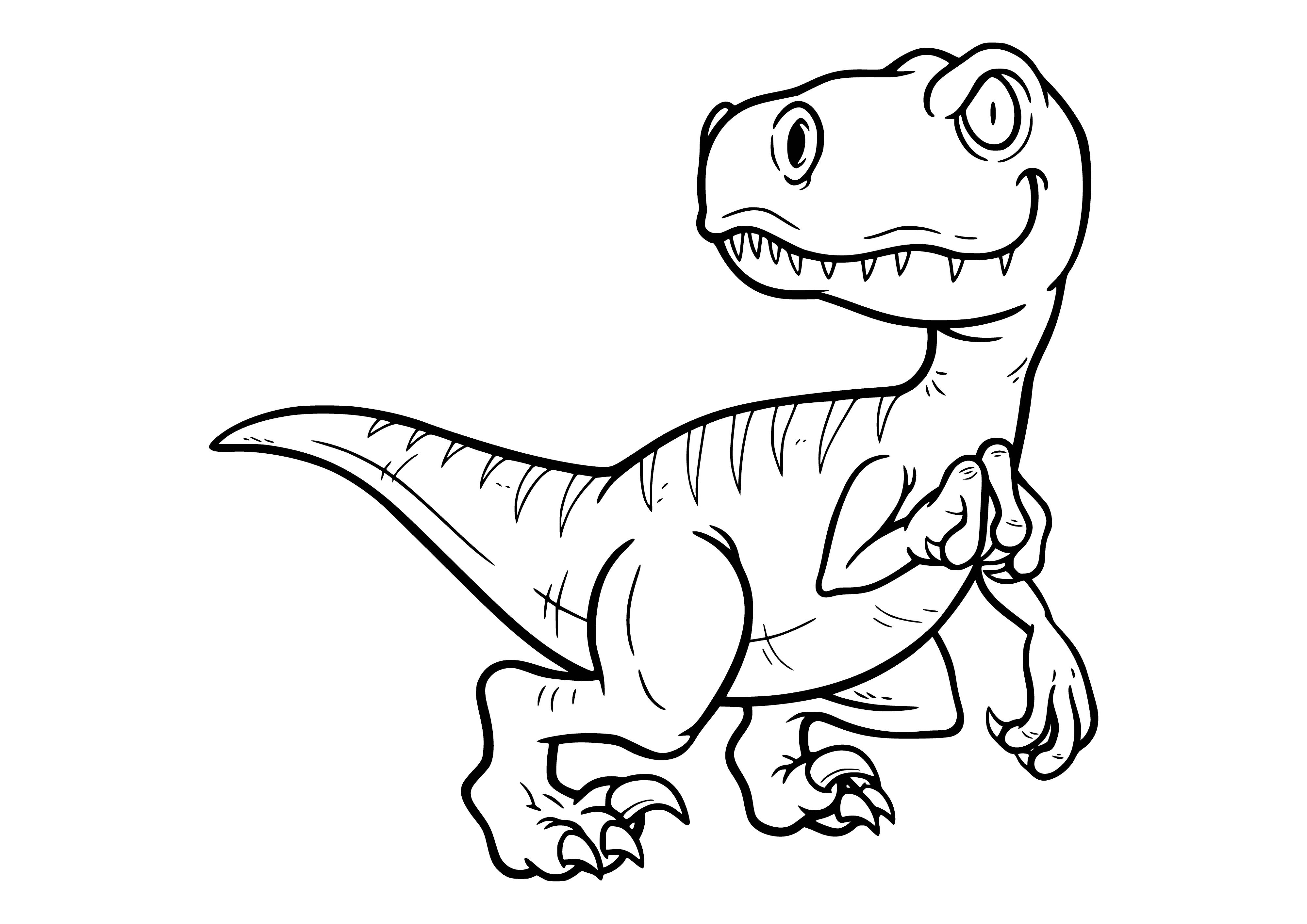 coloring page: Small, bird-like dinosaur with beak-like snout, large eyes, sharp claws, & feathers. Sharp teeth, long tail.