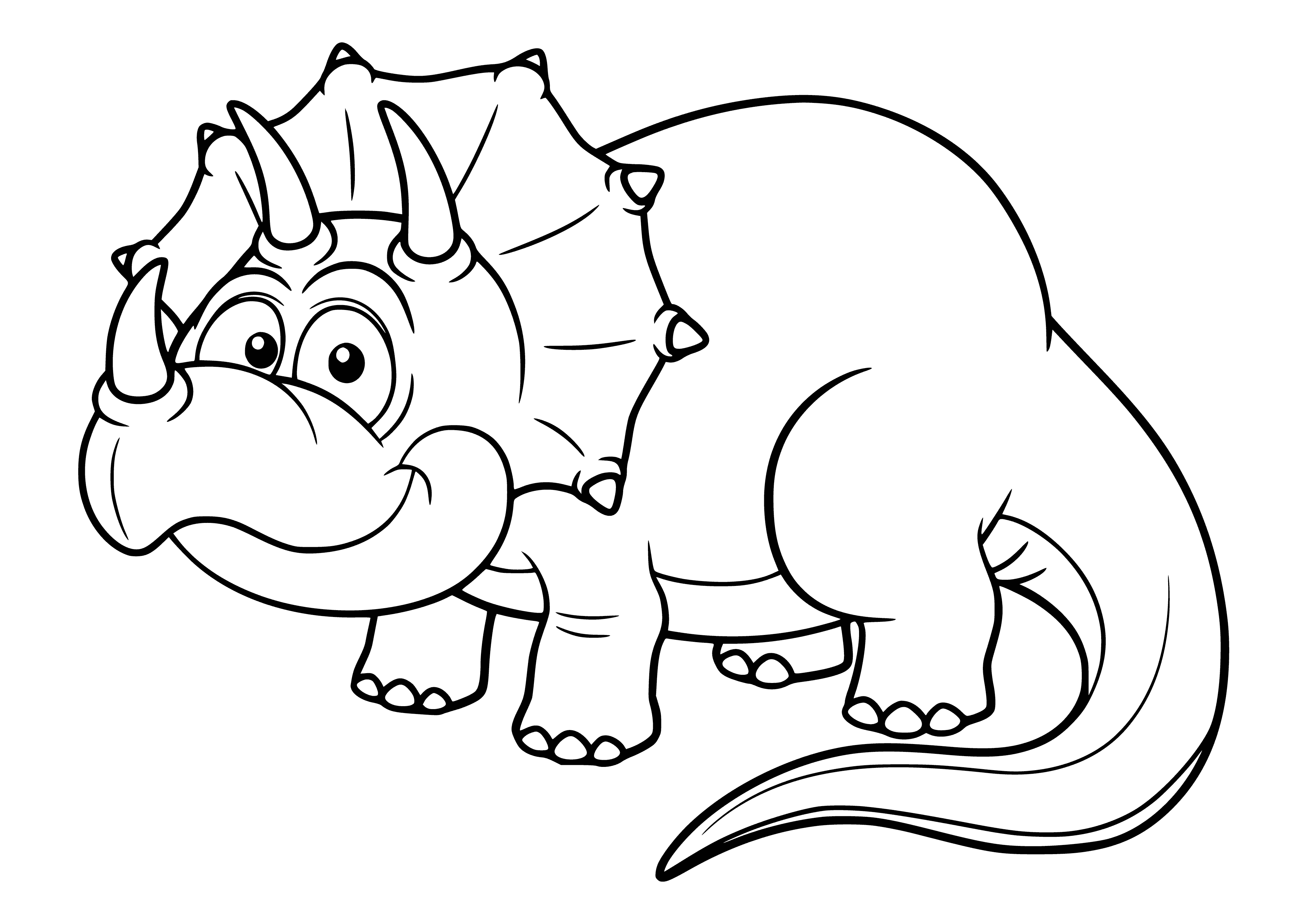 coloring page: A triceratops with a large head, three horns, a frill, long tail, and white spots colored brown stands on all fours.