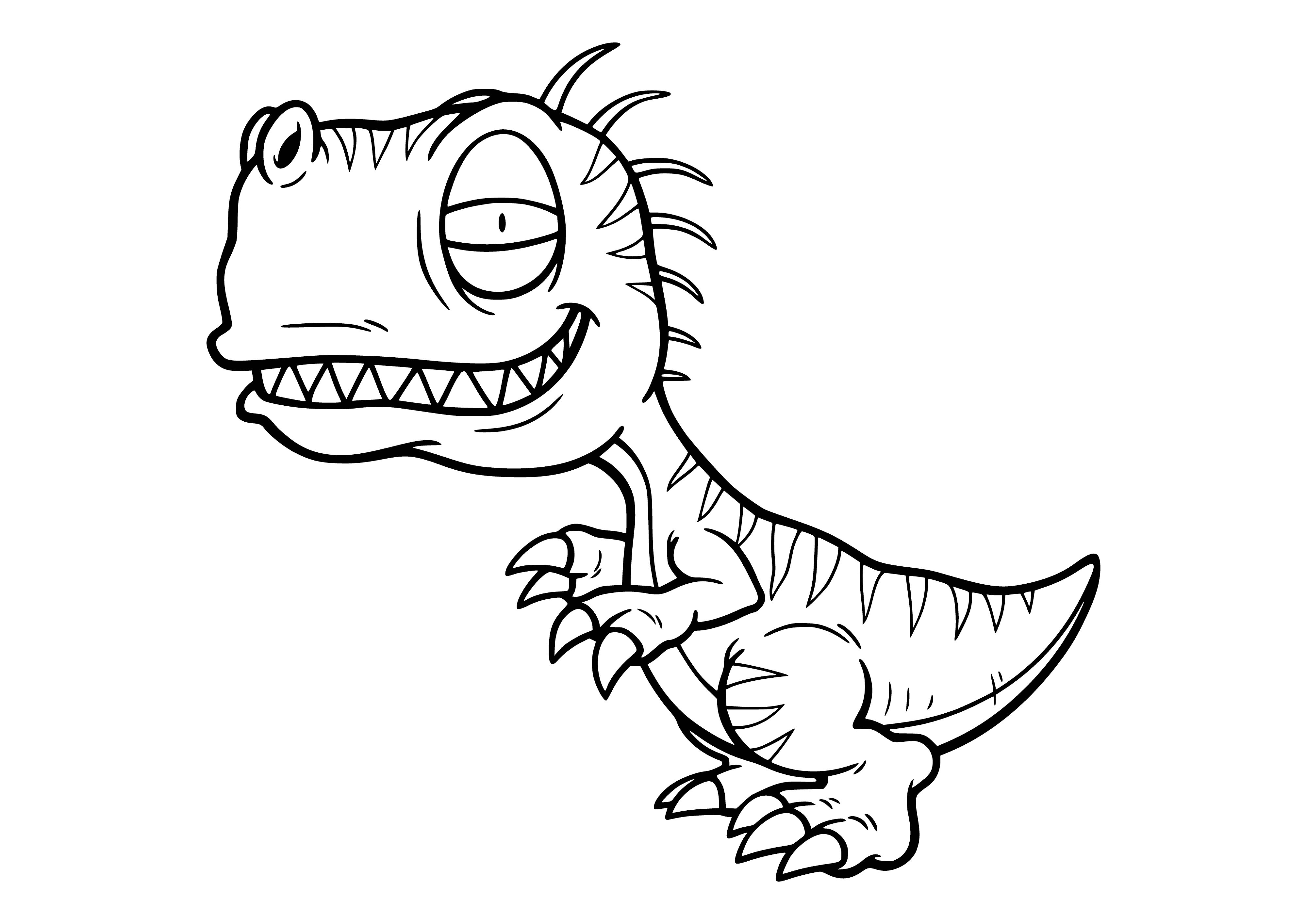 coloring page: Adorable baby tyrannosaurus with long neck, tail, 2 small arms & 3 claws, large head & 2 small horns, yellow eyes. #dinosaur
