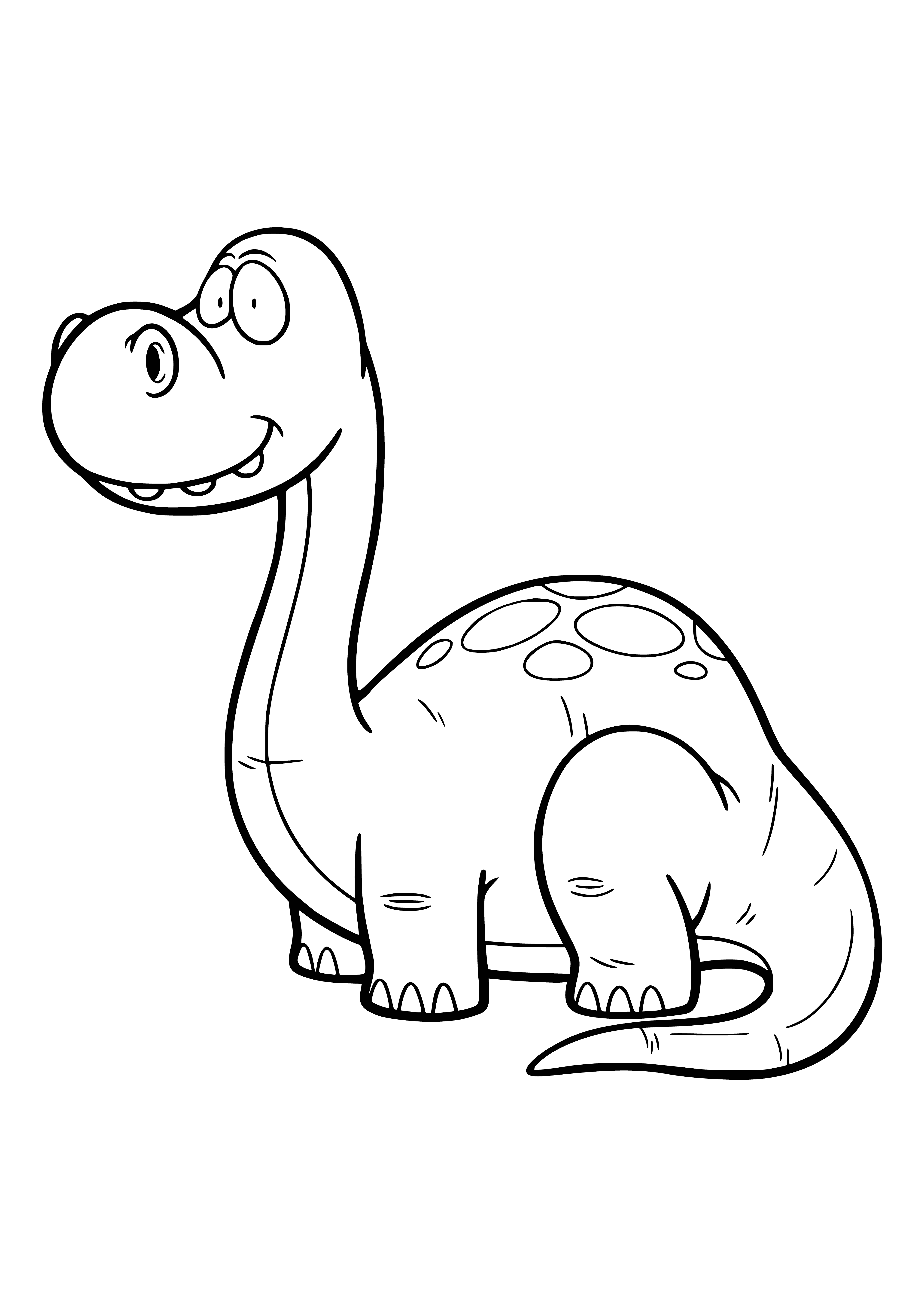 coloring page: Coloring page of Apatosaurus--large dino w/ long neck & tail, small arms, big feet, green w/ yellow spots.