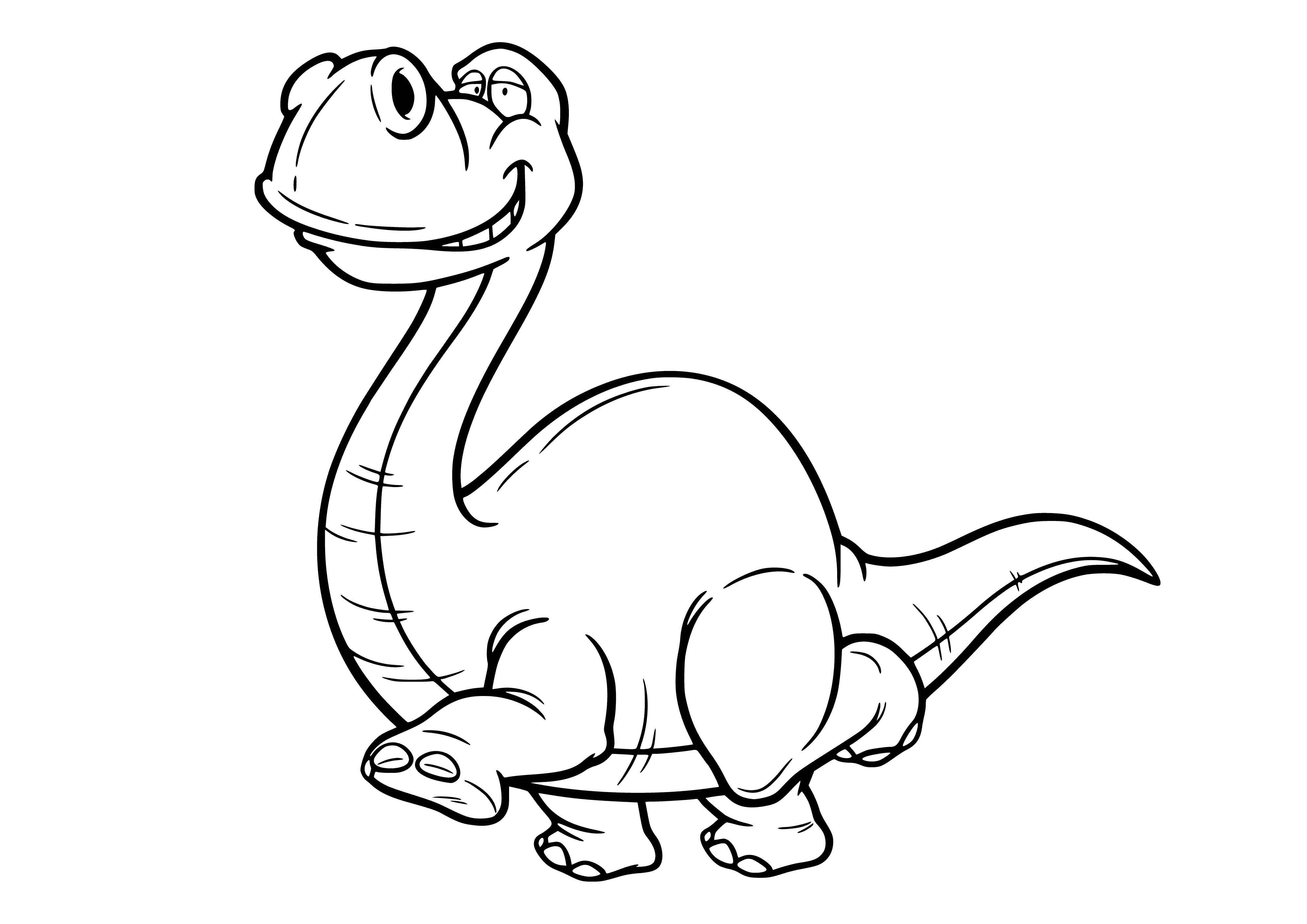 coloring page: Apatosaurus: large green dino, long tail, long neck, small head, short stubby legs.
