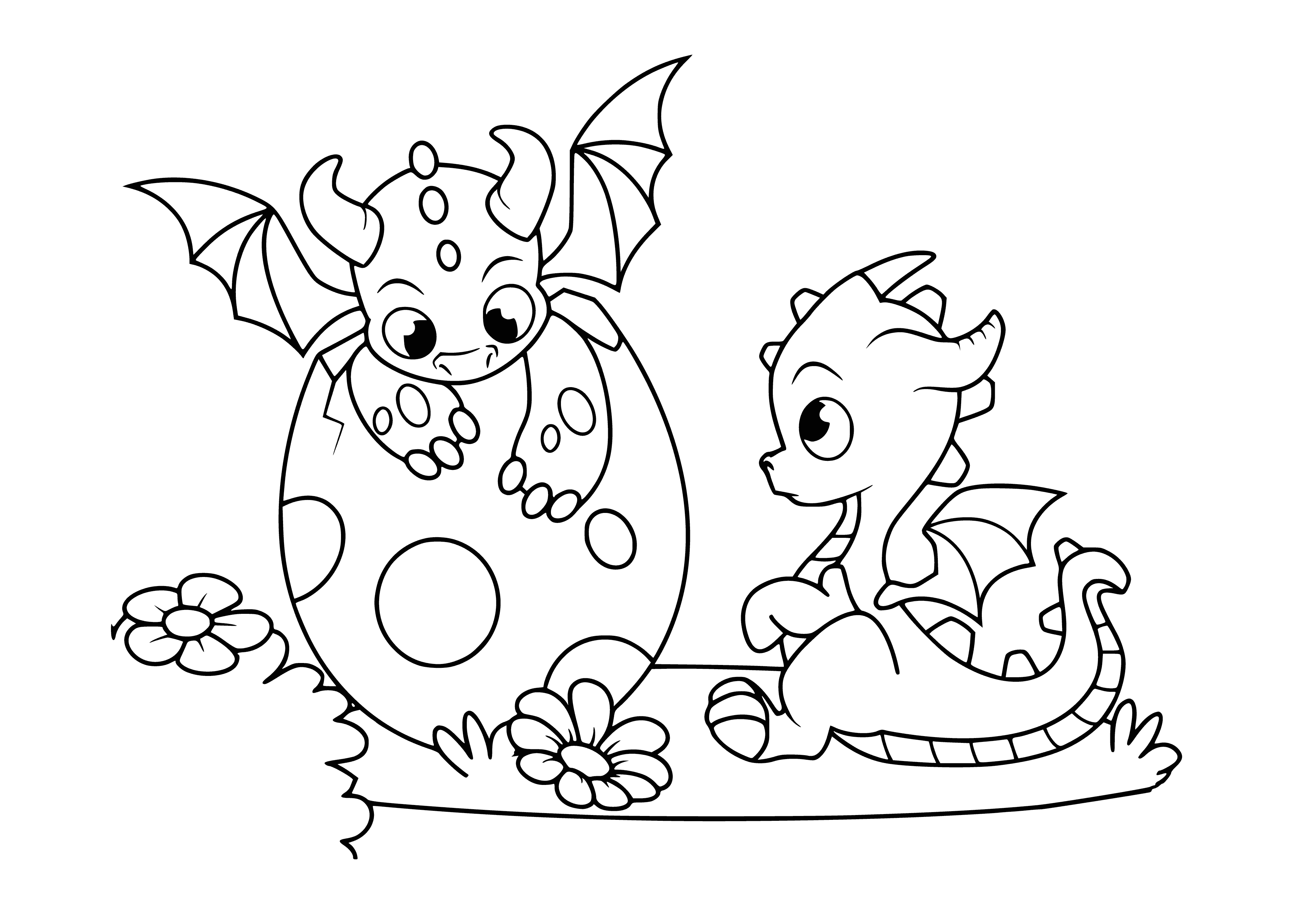 coloring page: Two green dragons, one flying and one sitting on a rock, w/ spikes and long tails. #coloringpage