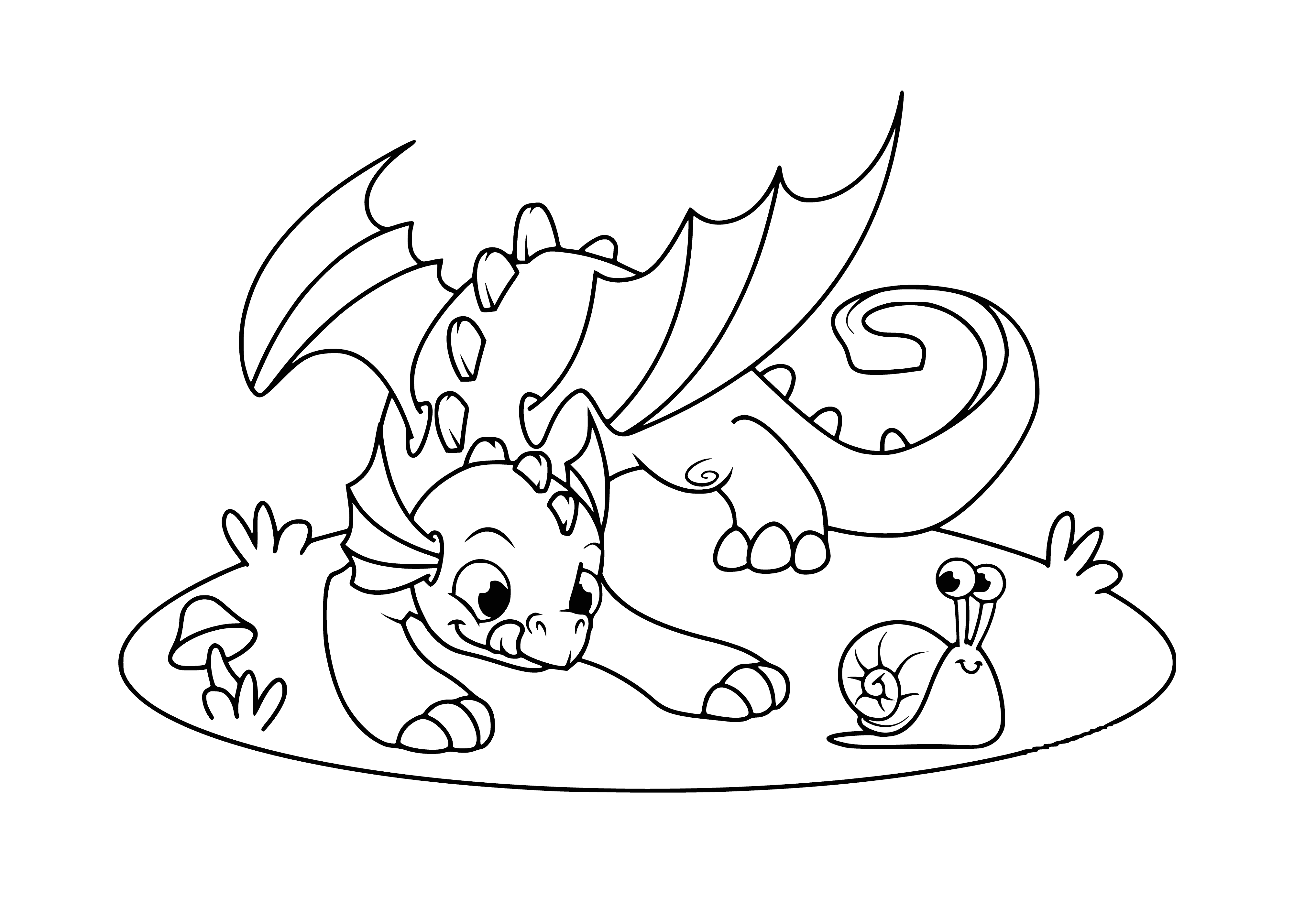 coloring page: Dragon playing with snail: crawls on ground, small wings, blue, long tail.